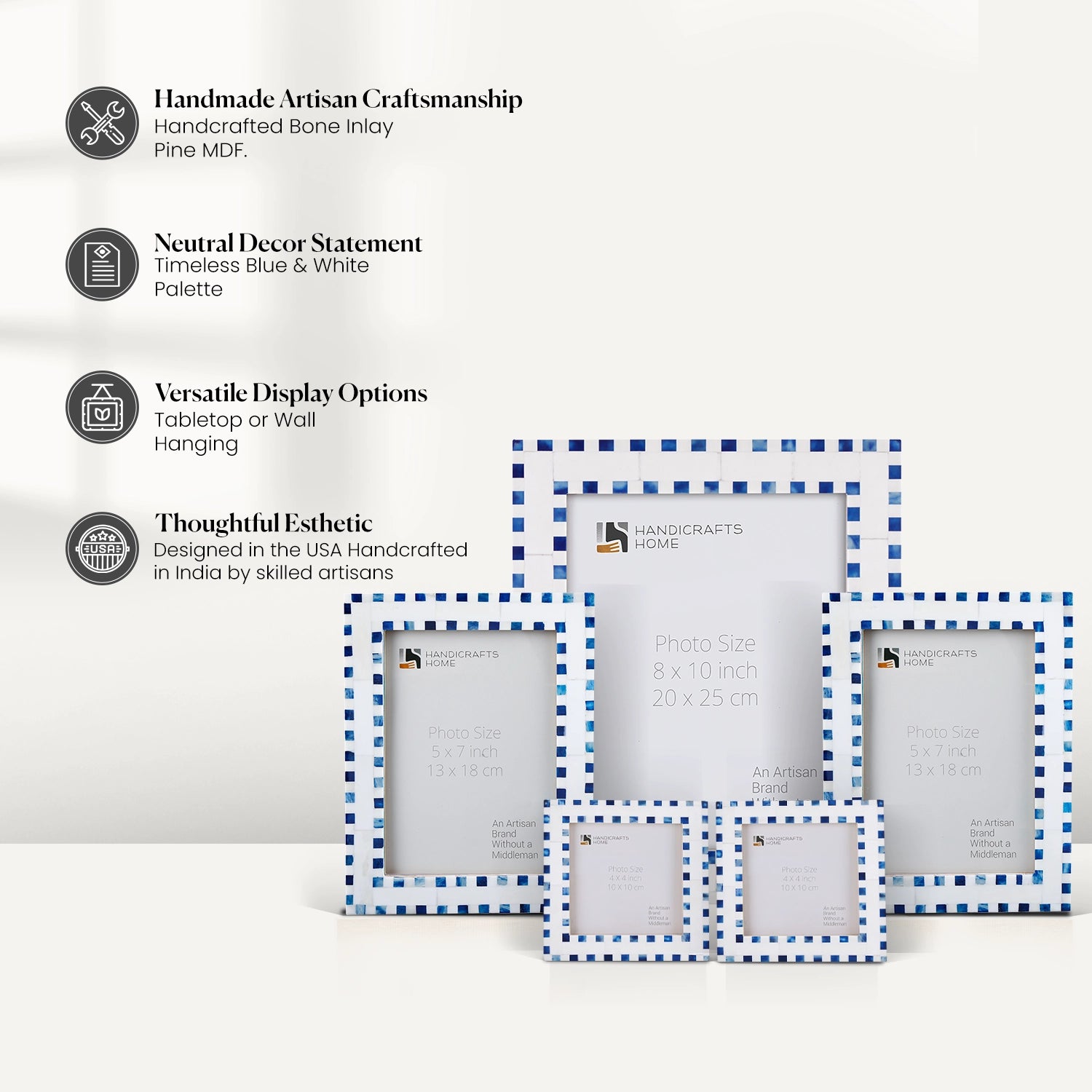 Blue White Bone Inlay Checkered Picture Frame Set (5-Pieces)