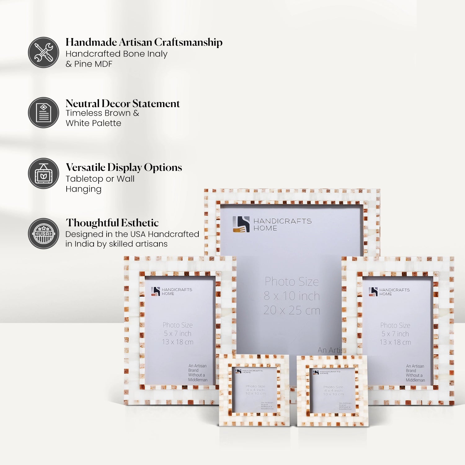 Brown White Bone Inlay Checkered Picture Frame Set (5-Pieces)