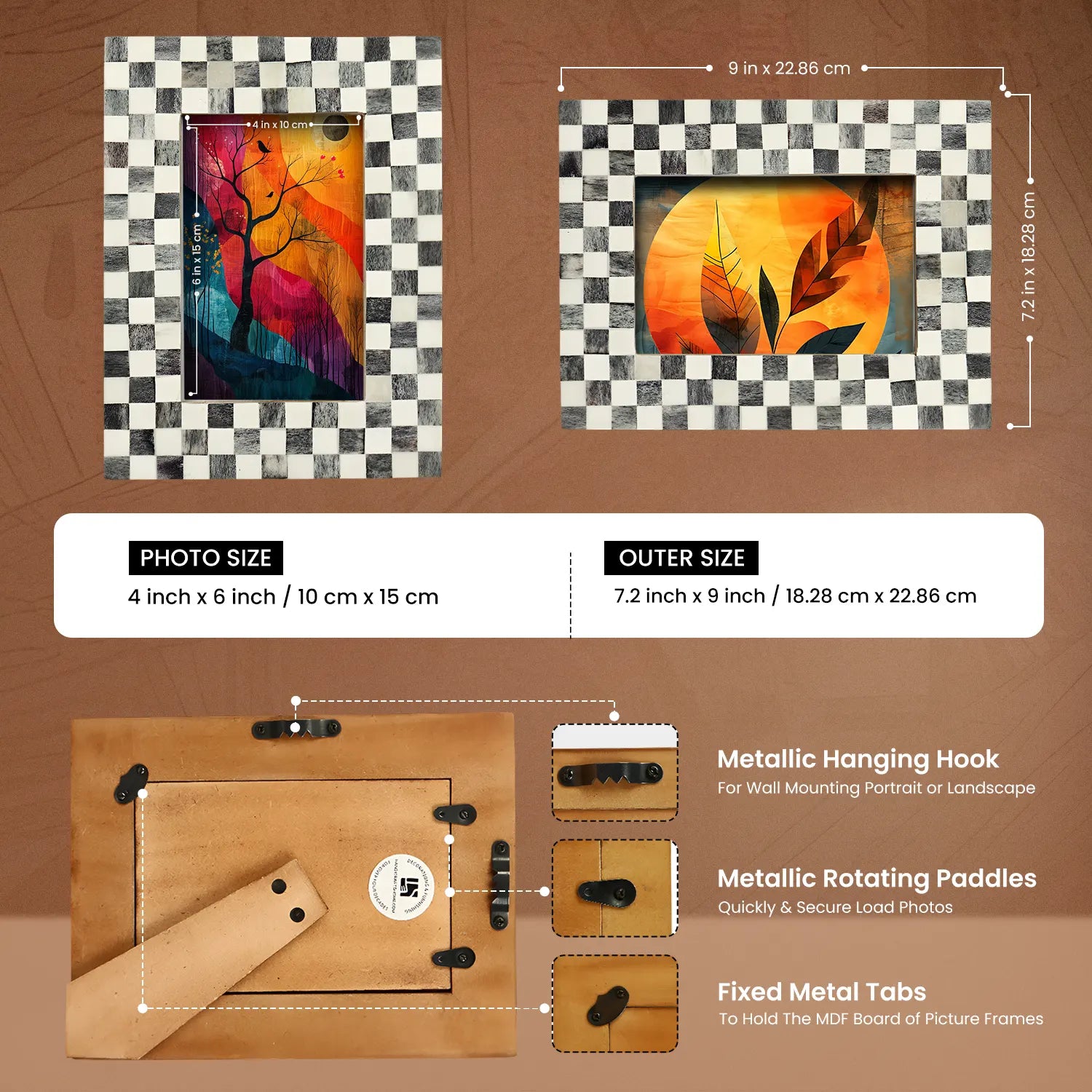 Picture Frame Checked Pattern inspired Bone Inlay, Grey & White - 4x6 & 5x7