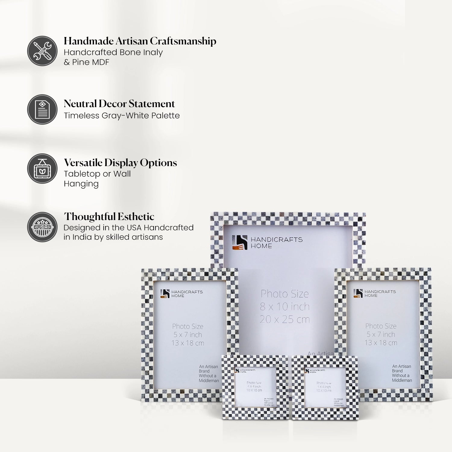 Checkered Grey White Bone Inlay Picture Frame Set (5-Pieces)