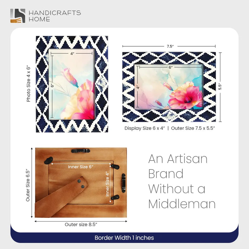 Size Chart for Picture Frames Indigo Mosaic Diamond Pattern Bone & Resin Inlay Collection, 4X6