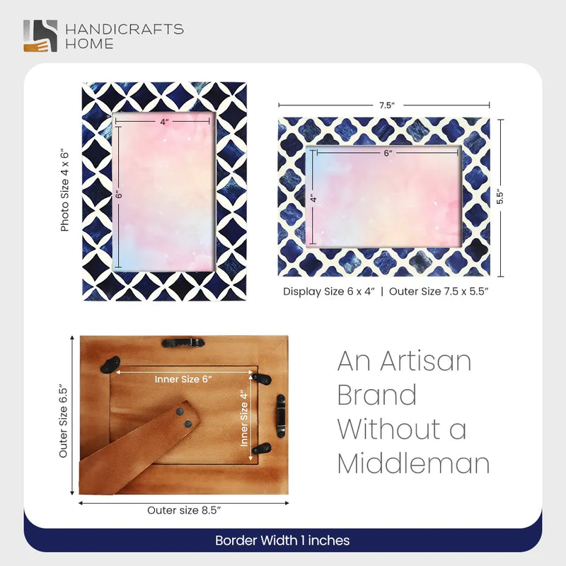 Size Chart for Picture Frames Indigo Mosaic Star Pattern Bone & Resin Inlay Collection, 4x6