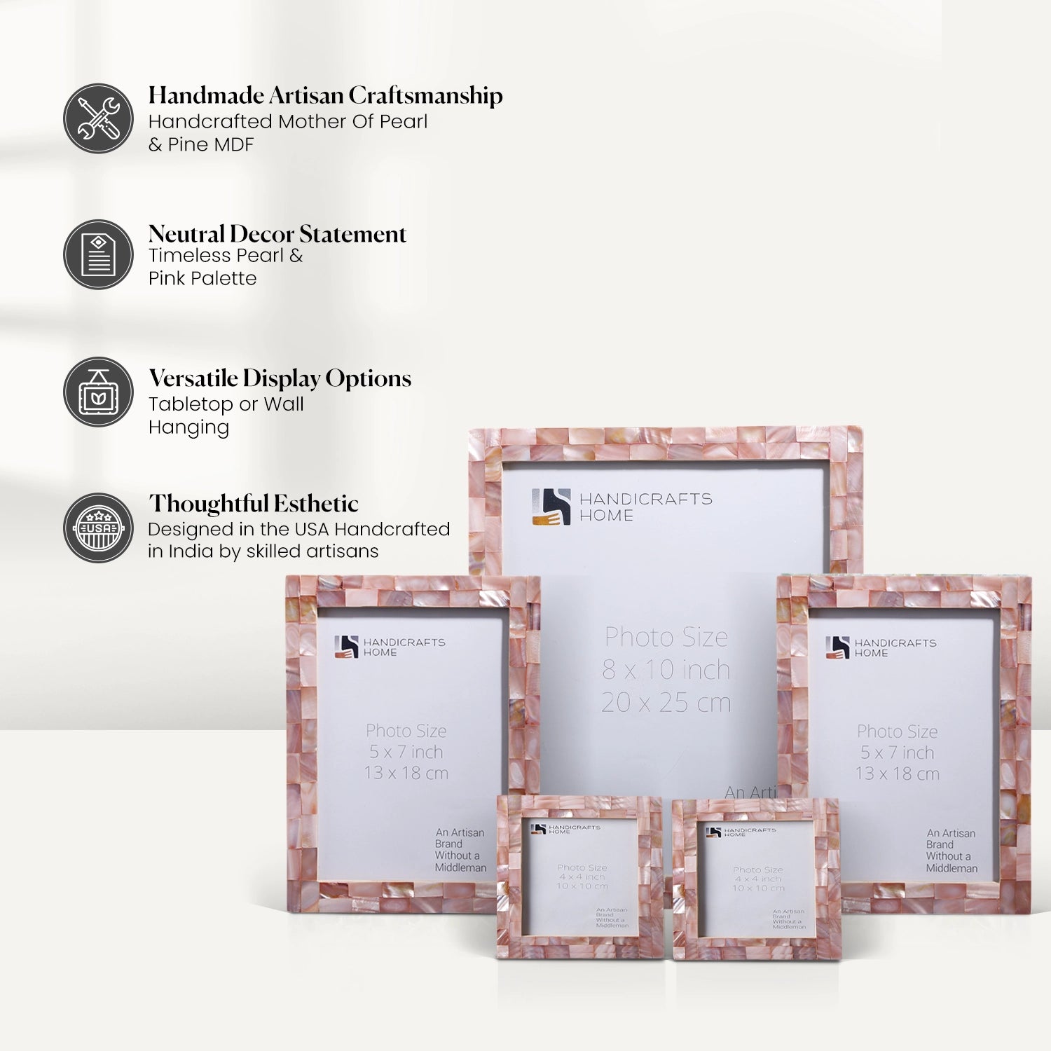 Mother of Pearl Inlay Picture Frame Set, Pink (5-Pieces)