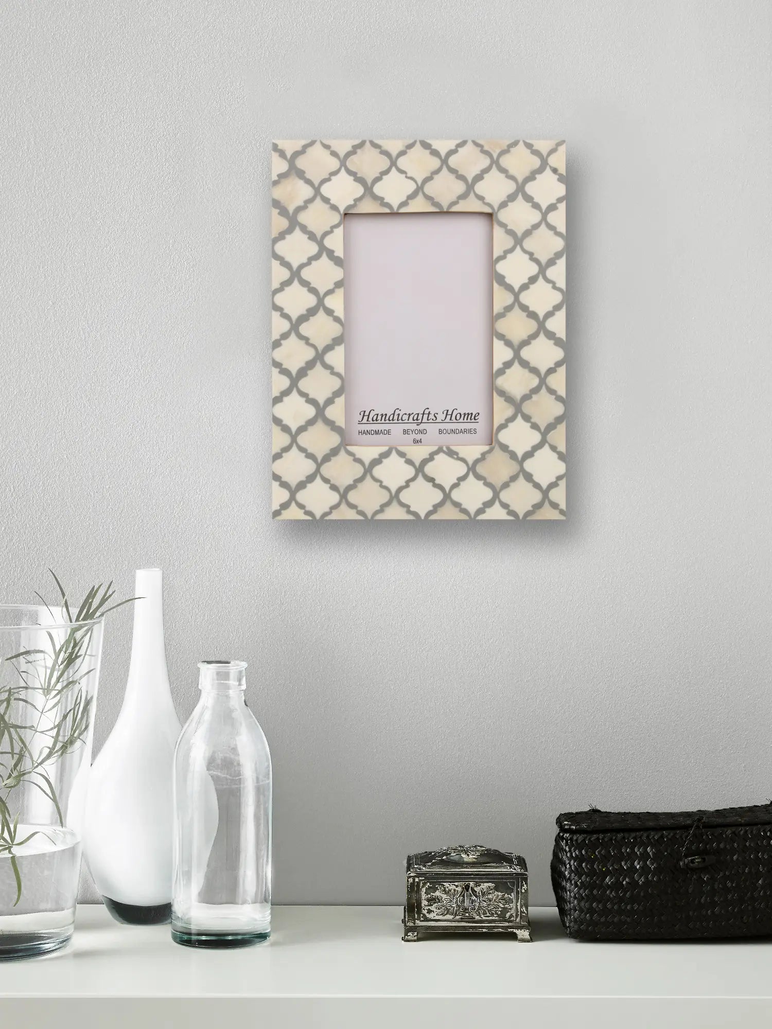 Picture Frames Moroccan Pattern Bone & Resin Inlay Collection in 2 Sizes, White & Grey