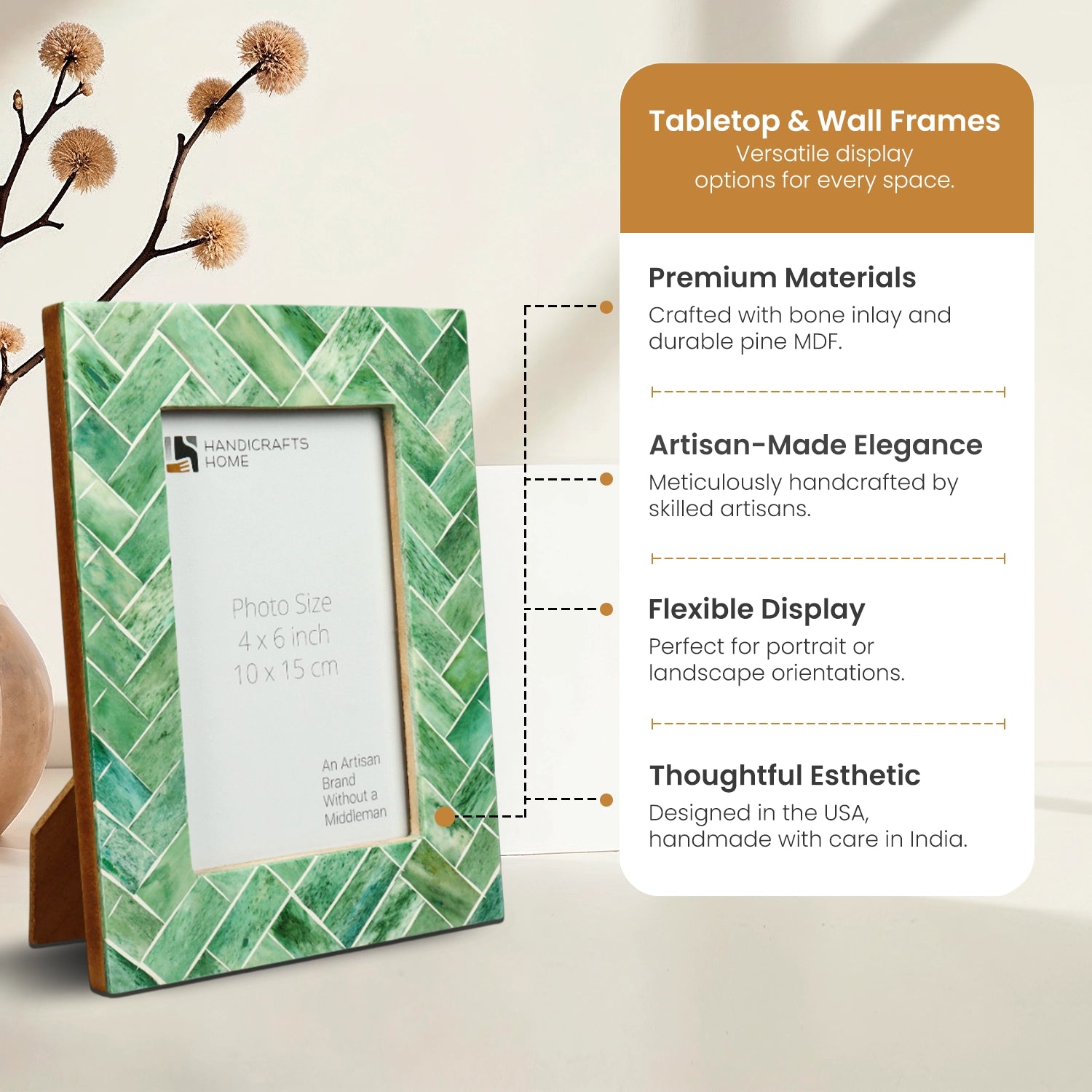 Picture Frame Green Leaf Collection Bone Inlay Green & White – 4x6"