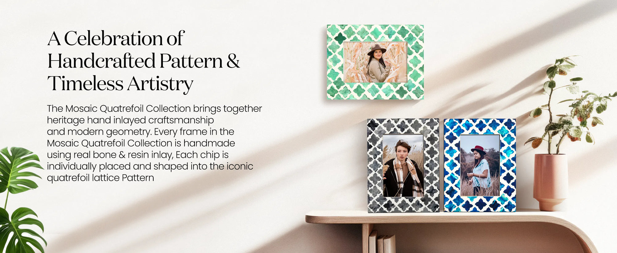 Picture Frames Mosaic Quatrefoil Pattern Bone & Resin Inlay Collection in 3 colors, 4x6