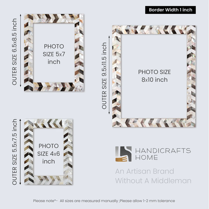 Size Chart for Picture Frames Pearlescent Chase Pattern Mother of Pearl Collection in 3 Sizes