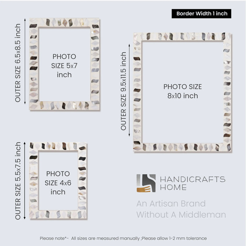 Size Chart for Picture Frames Pearlescent Fossil Pattern Mother of Pearl & Resin Collection in 3 Sizes