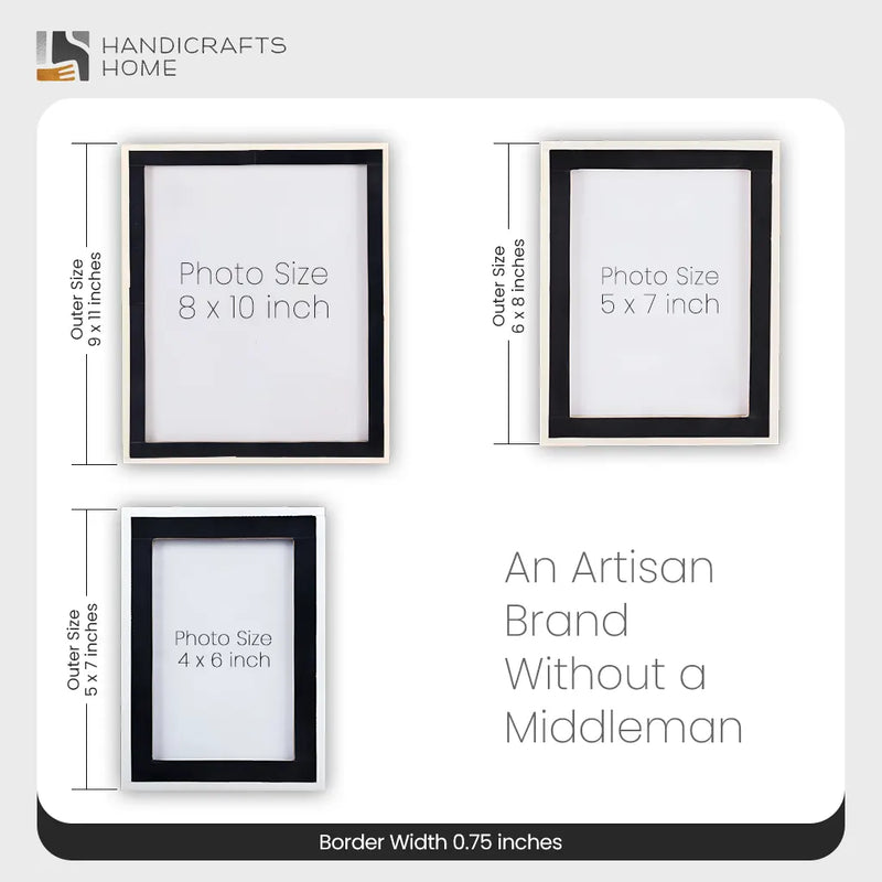 Size Chart for Classic Bone Inlay Picture Frame.  Black & White, 4x6, 5x7 and 8x10