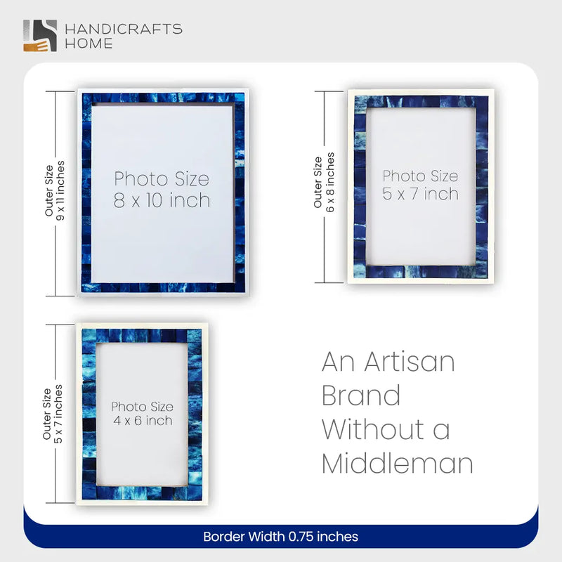 Size Chart for Classic Bone Inlay Picture Frame.  Blue & White 4x6, 5x8 and 8x10