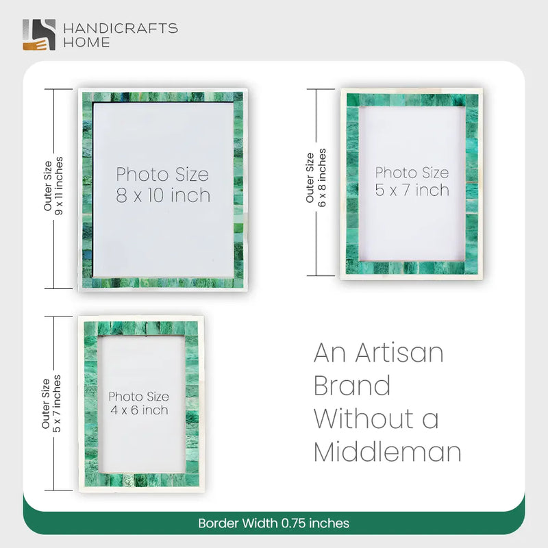 Size Chart for Classic Bone Inlay Picture Frame Green & White 4x6, 5x7 and 8x10 Size