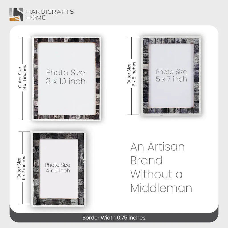 Size Chart for Classic Bone Inlay Picture Frame Gray & White  4x6, 5x7 and 8x10 Size