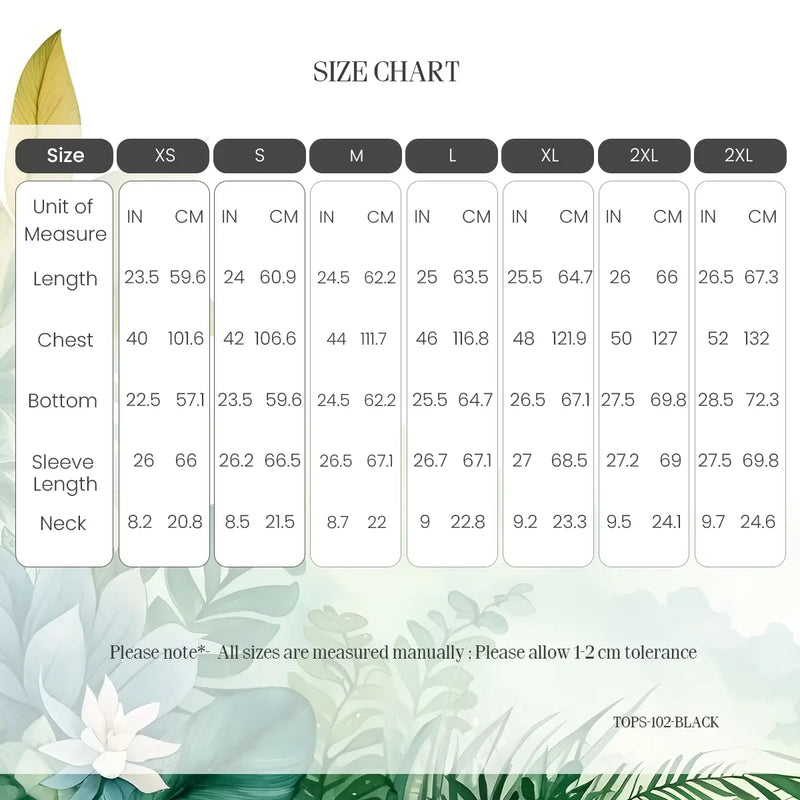 Size Chart for Detailed Embroidery Black Long Sleeve Top - XS to 3XL