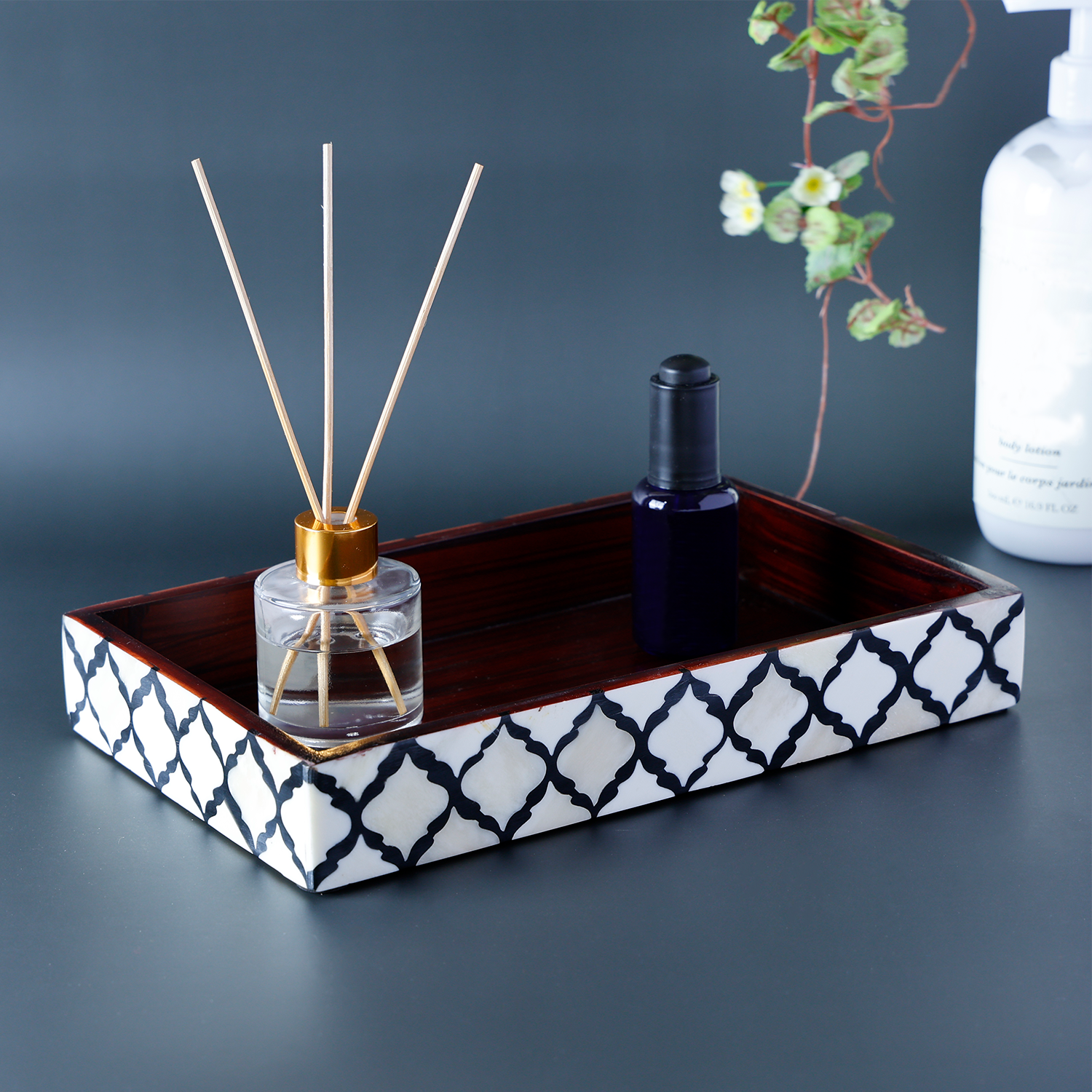 Vanity Trays Moroccan Pattern Bone & Resin Inlay Collection in 10x6, Black & White