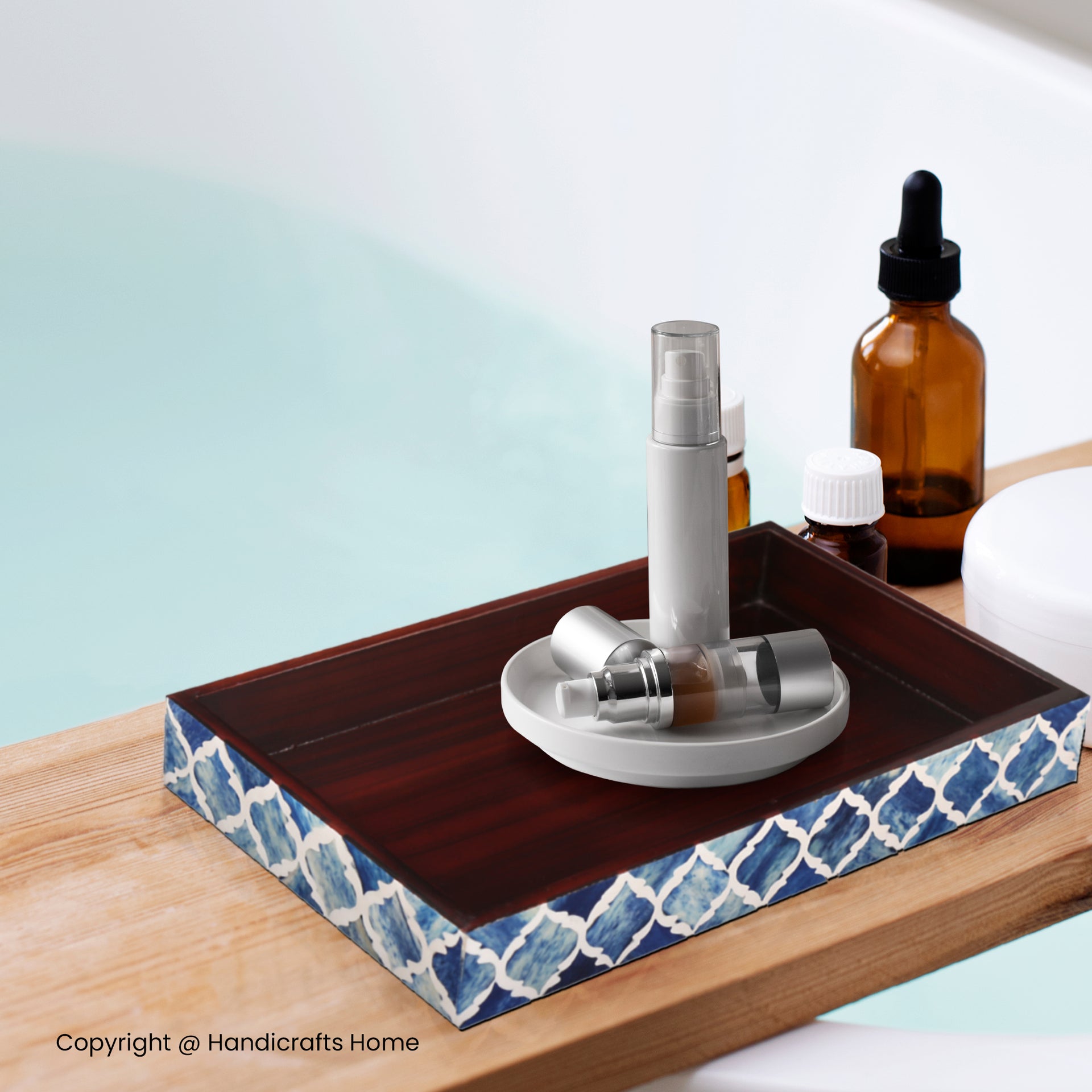Vanity Trays Moroccan Pattern Bone & Resin Inlay Collection in 10x6, Blue & White