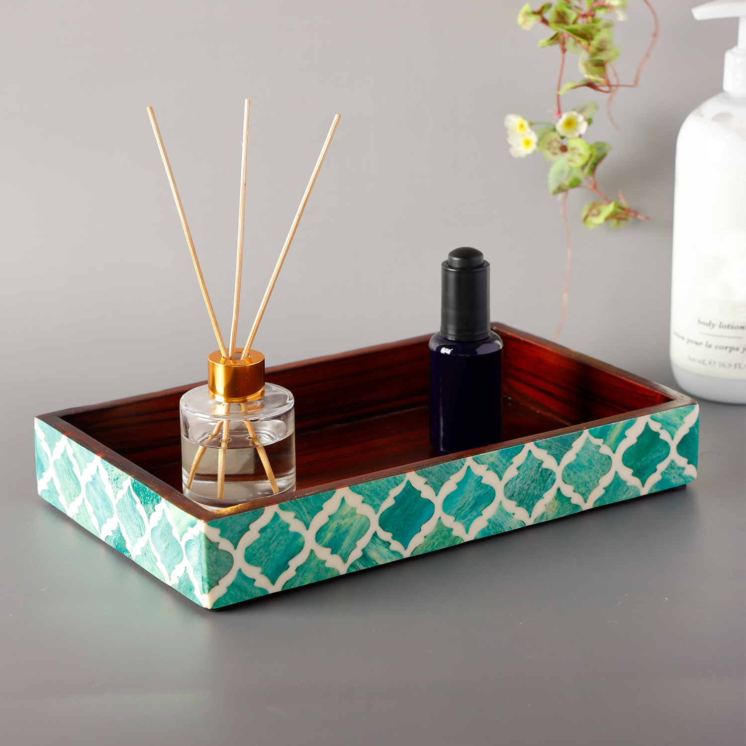 Vanity Trays Moroccan Pattern Bone & Resin Inlay Collection in 10x6, Green & White