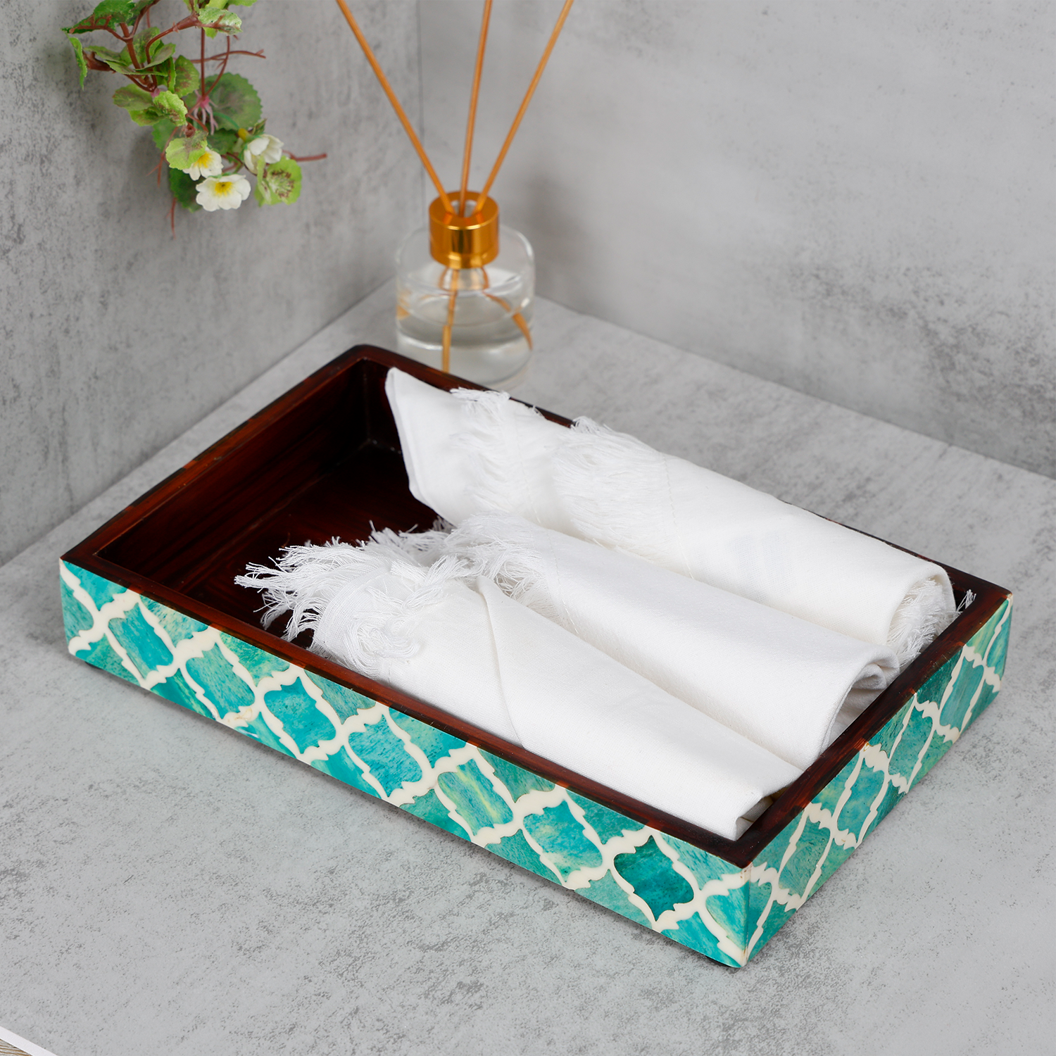 Vanity Trays Moroccan Pattern Bone & Resin Inlay Collection in 10x6, Green & White