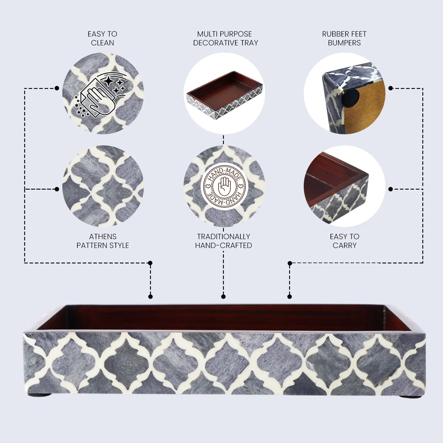 Vanity Trays Moroccan Pattern Bone & Resin Inlay Collection in 10x6, Grey & White