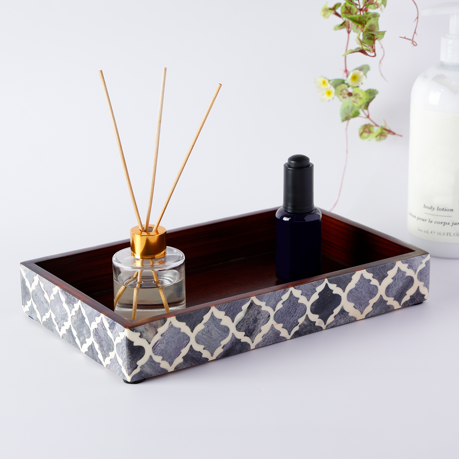 Vanity Trays Moroccan Pattern Bone & Resin Inlay Collection in 10x6, Grey & White