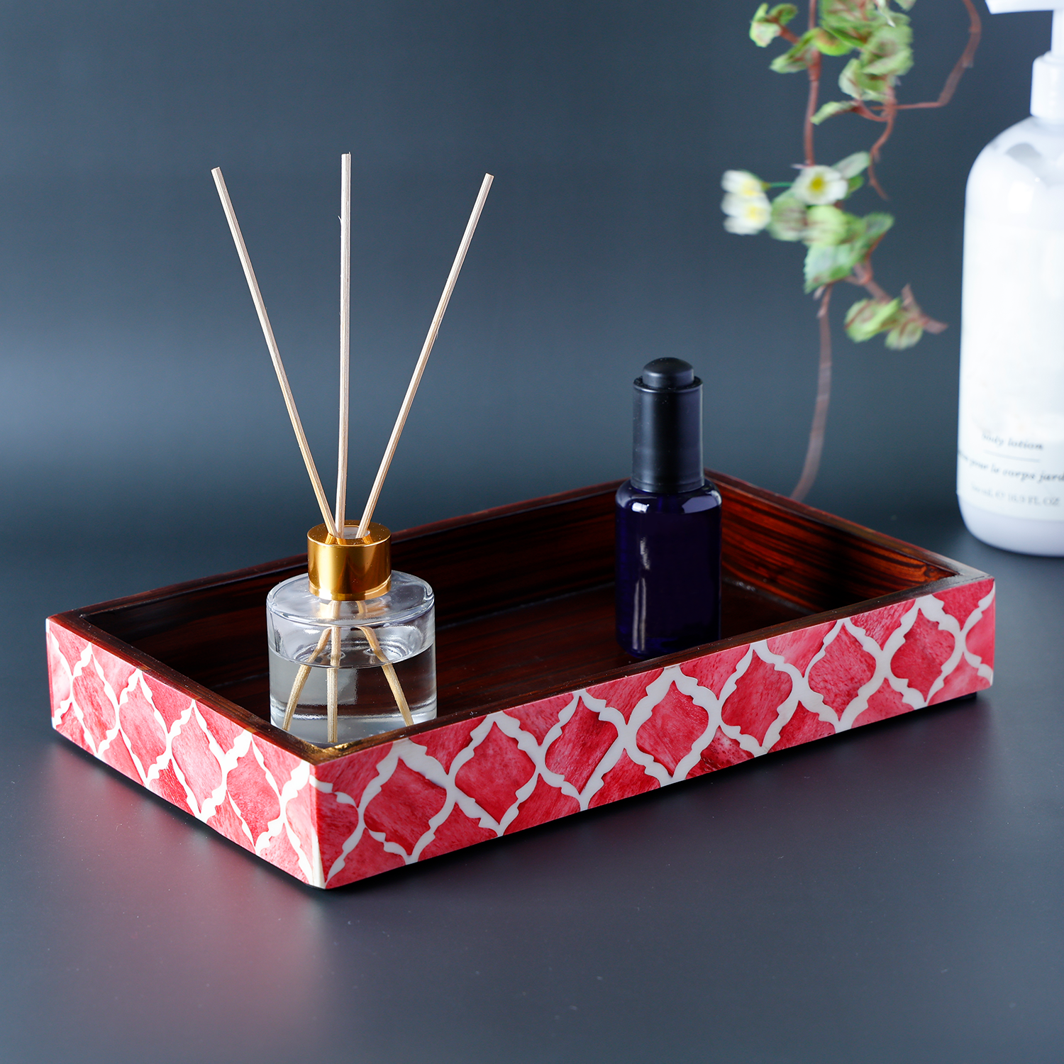 Vanity Tray Handmade Moroccan Pattern Countertop Organizer, Red-White, 10" x 6"