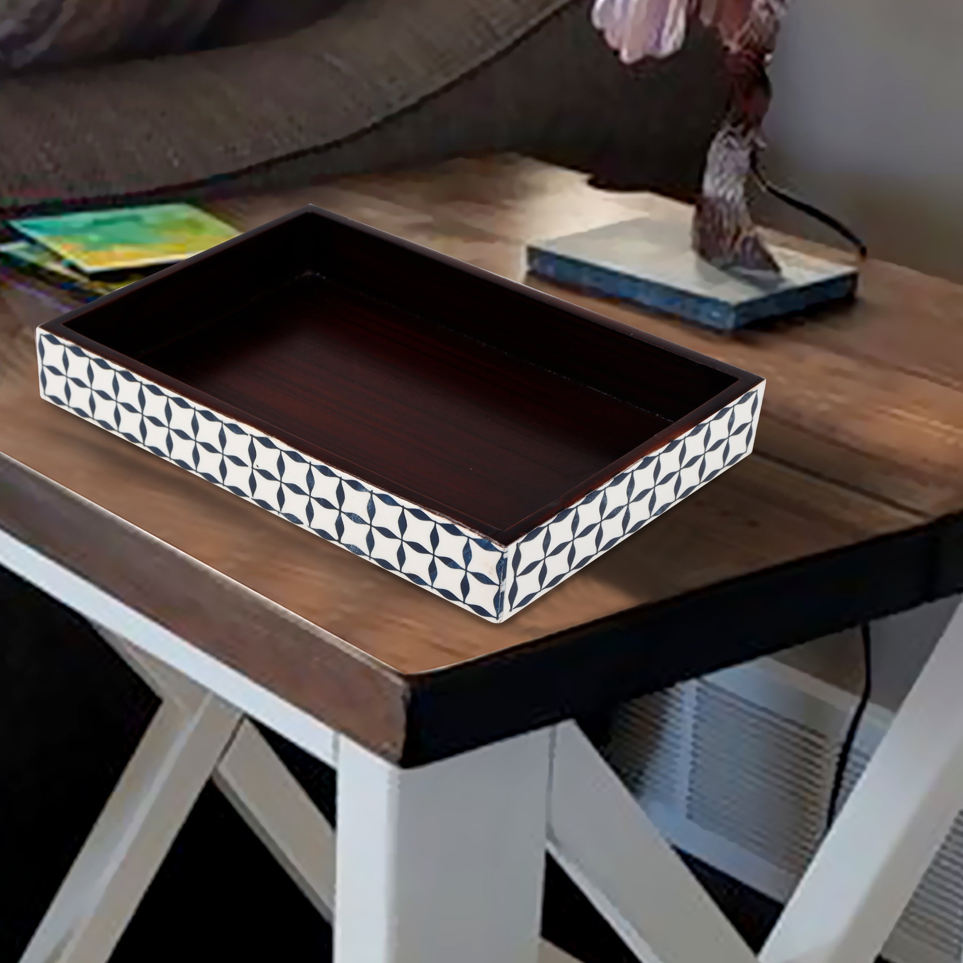 Vanity Trays illusion Wrap Collection Bone & Resin Inlay, Black-White, 10" x 6"
