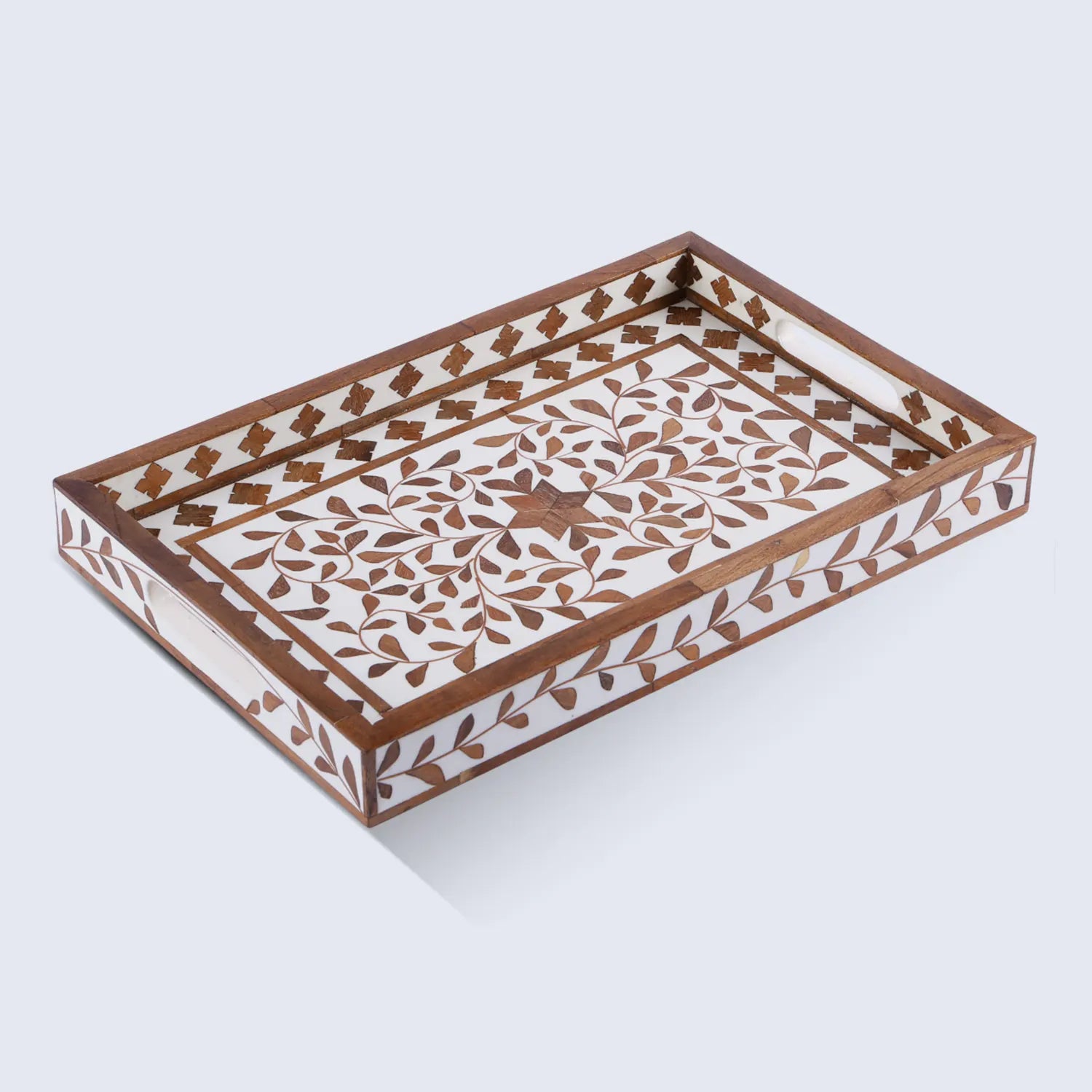 Decorative Tray Alhambra El Plato Pattern Wood & Resin Inlay Collection in 11x17, Brown & White
