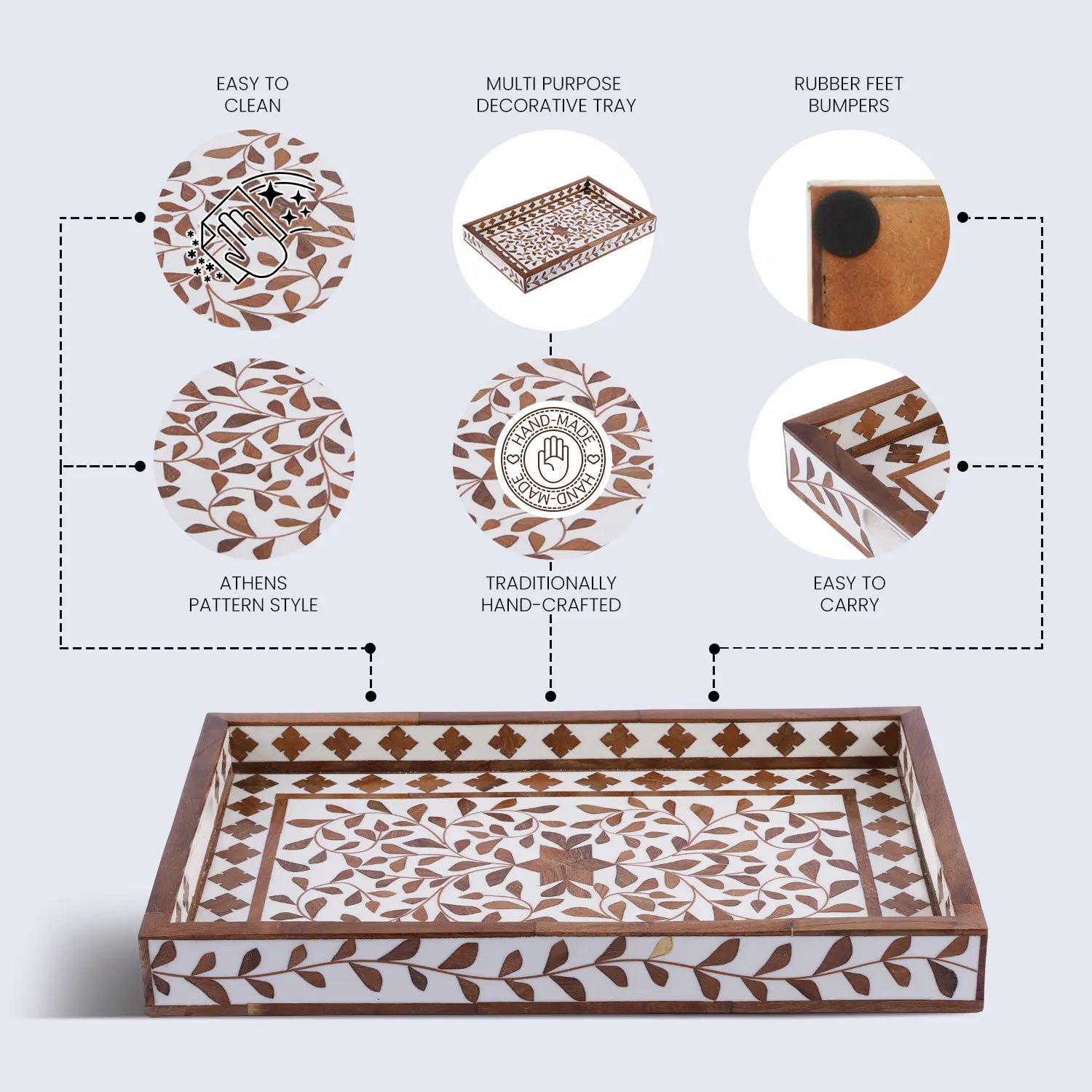 Decorative Tray Alhambra El Plato Pattern Wood & Resin Inlay Collection in 11x17, Brown & White