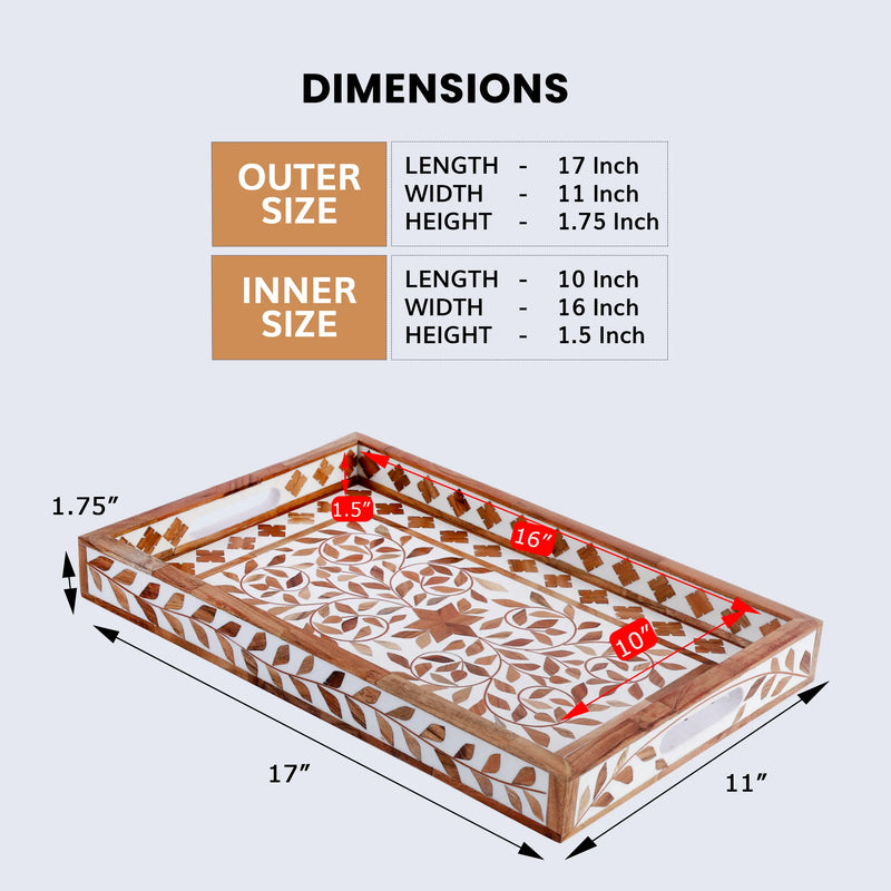 Size Chart for Decorative Tray Alhambra El Plato Pattern Wood & Resin Inlay Collection in 11x17, Brown & White