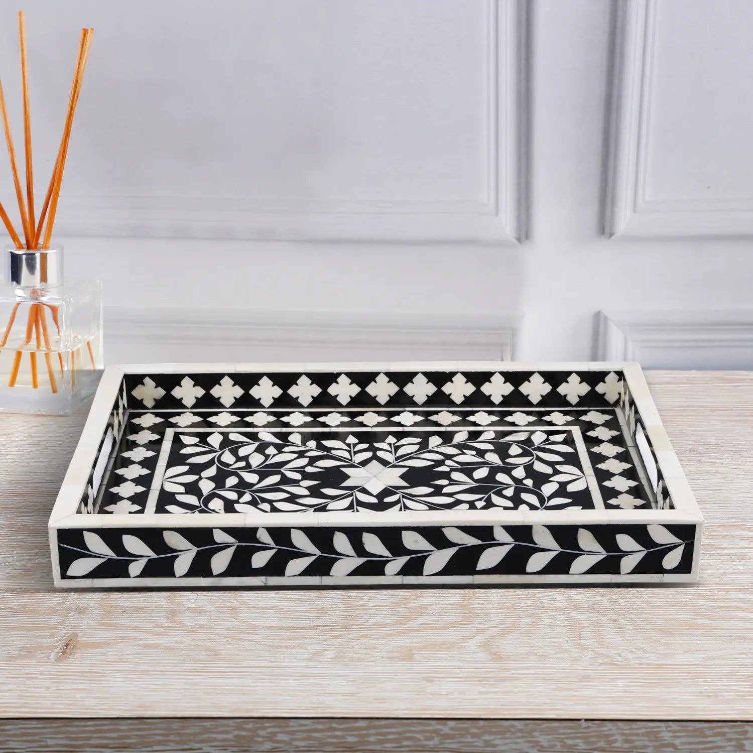 Decorative Tray Alhambra Negra Black White Bone & Resin Inlay – 11" x 17", 12" x 12"