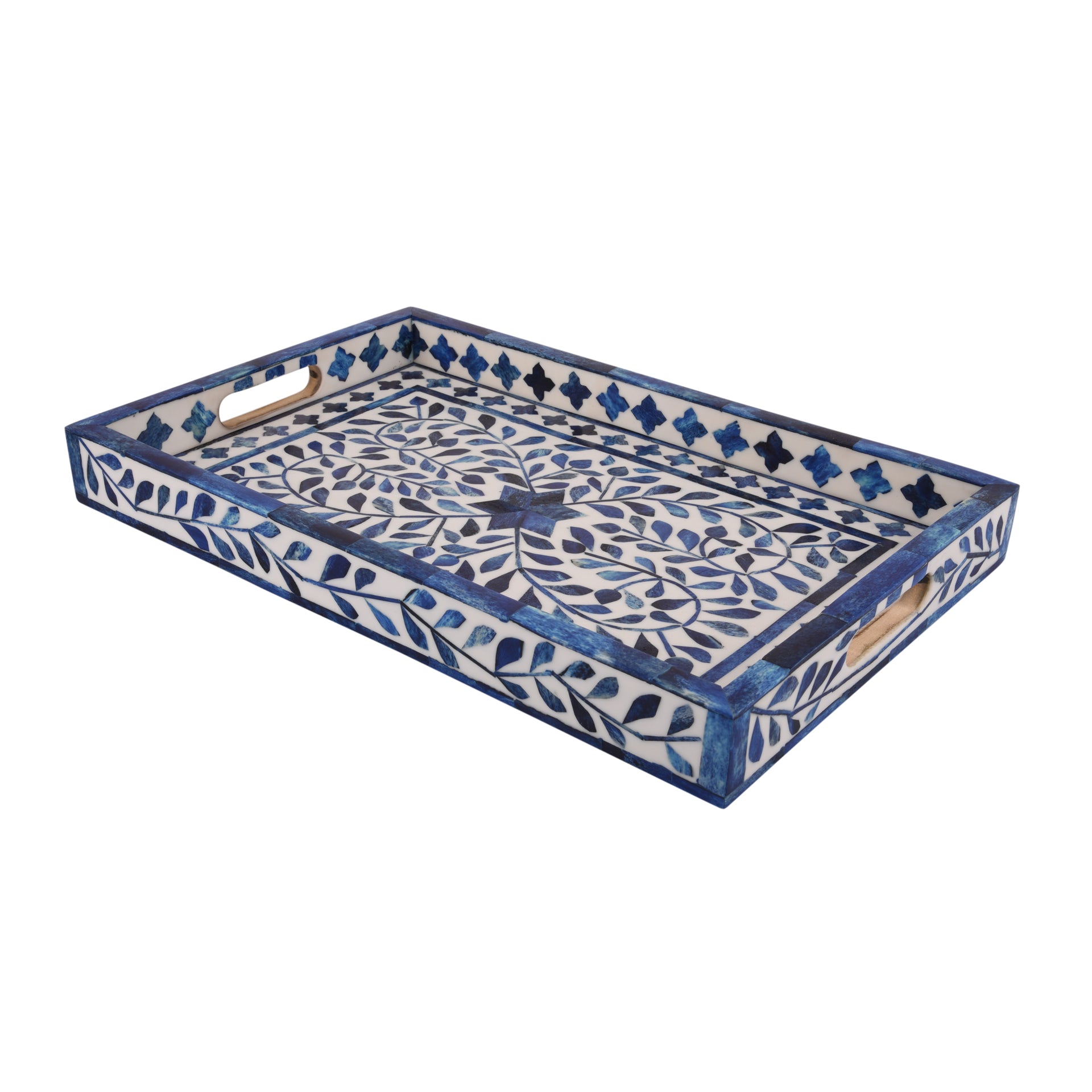 Decorative Tray Alhambra Azul Blue White Bone & Resin Inlay – 11" x 17", 12" x 12"