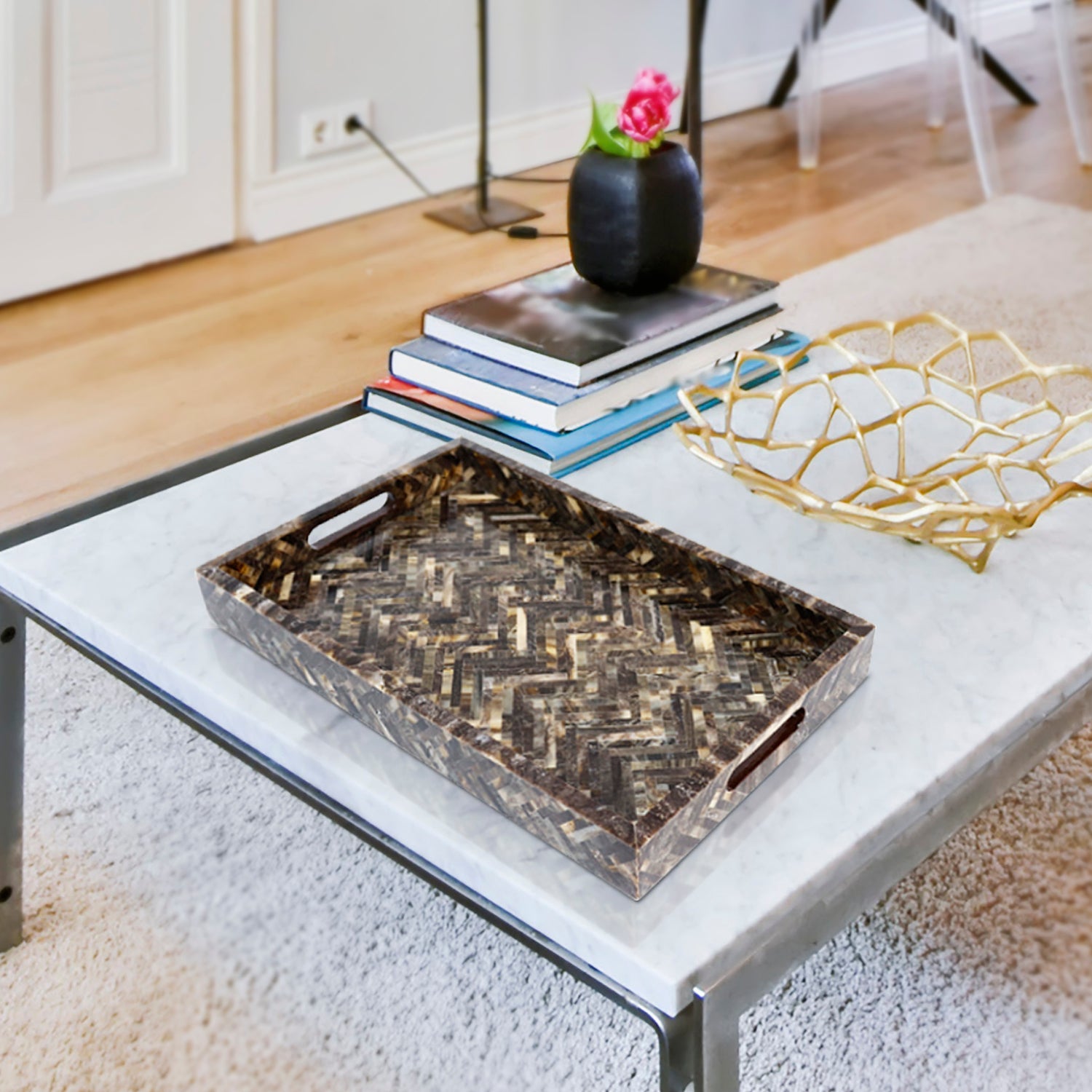 Decorative Tray Discovery Fantazia Brown Resin Inlay, 11" × 17", 12" × 12"