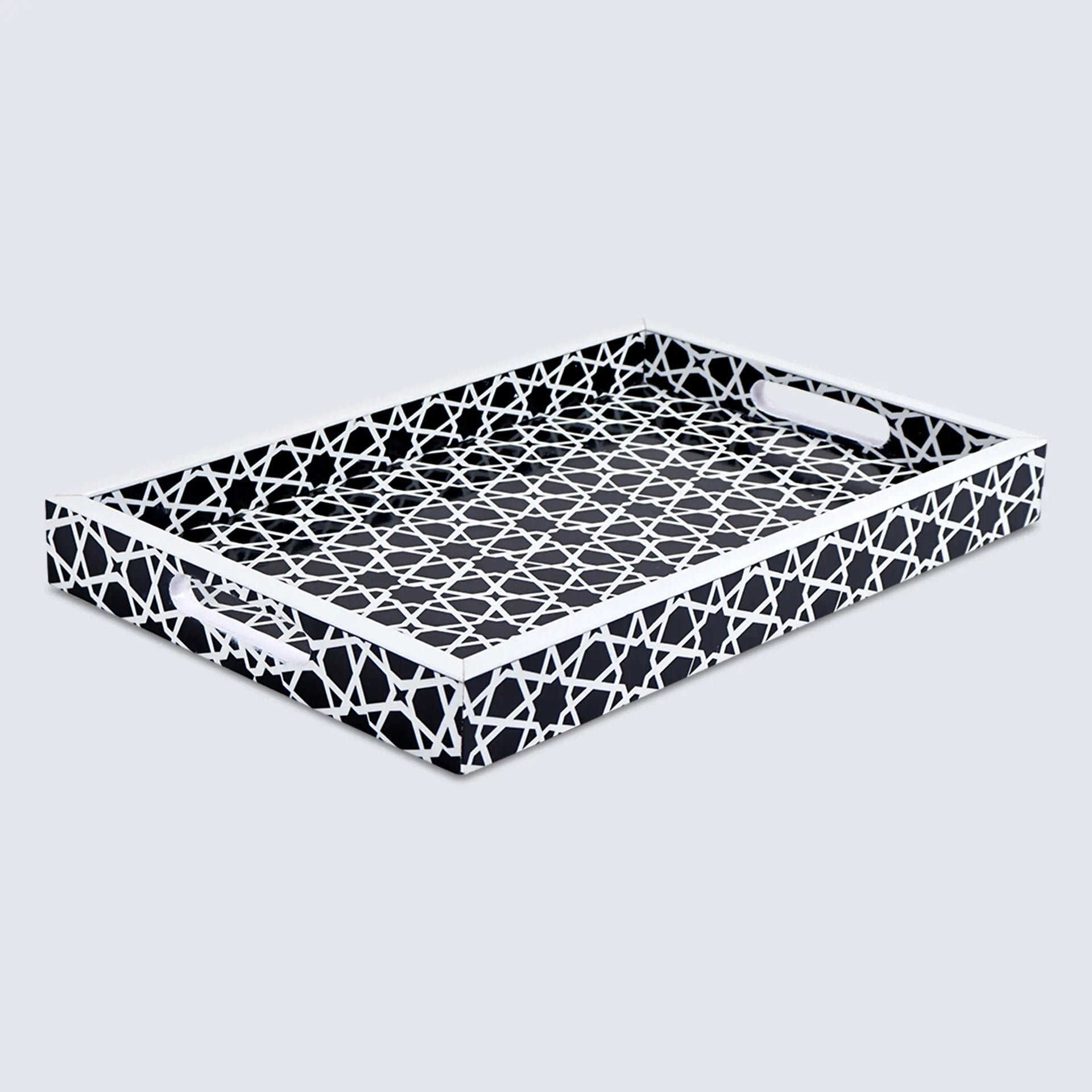 Decorative Tray Zellij Pattern Resin Inlay Collection in 2 Sizes, Black & White