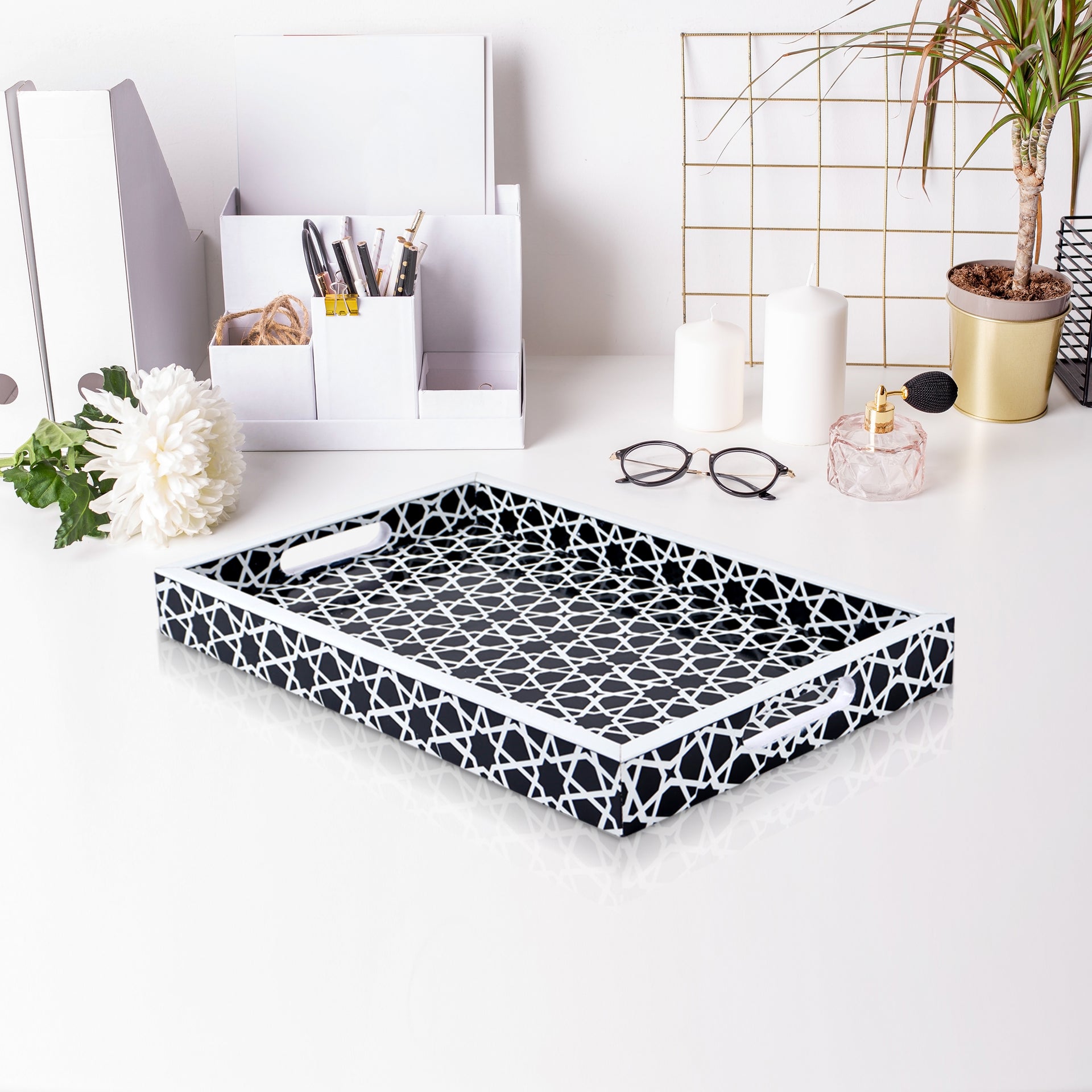 Decorative Tray Zellij Grande Black & White Resin Inlay, 11" × 17", 12" × 12"
