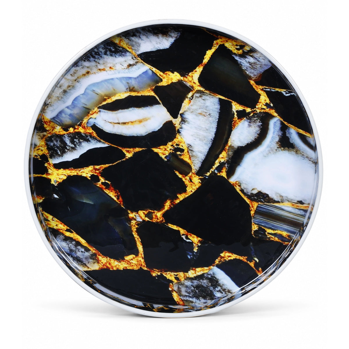 Round Resin Inlay Tray Black, Gold & Smoky Grey Marble 12"