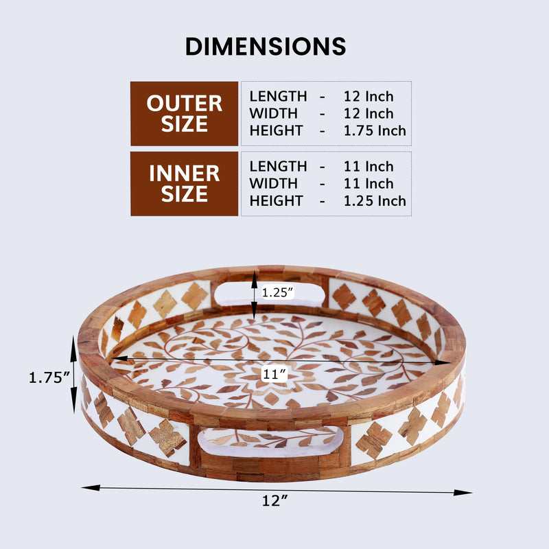 Size Chart for Decorative Tray Alhambra El Cerco Pattern Wood & Resin Inlay Collection in 12x12, Brown & White