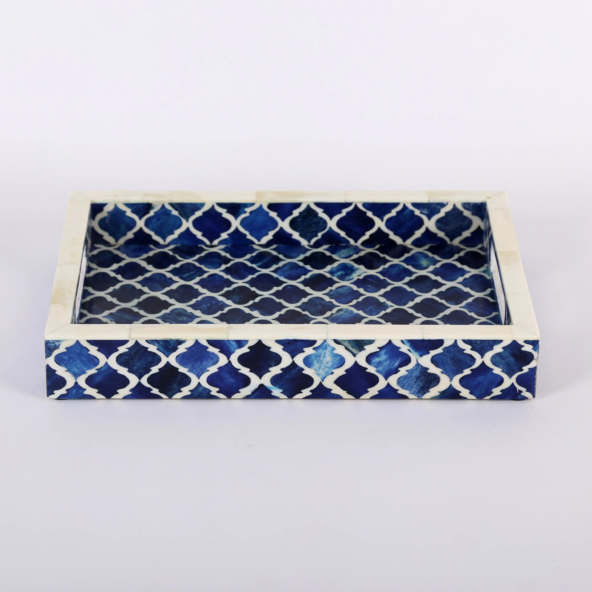 Decorative Tray Moroccan Pattern Bone & Resin Inlay Collection in 3 Sizes, Blue & White