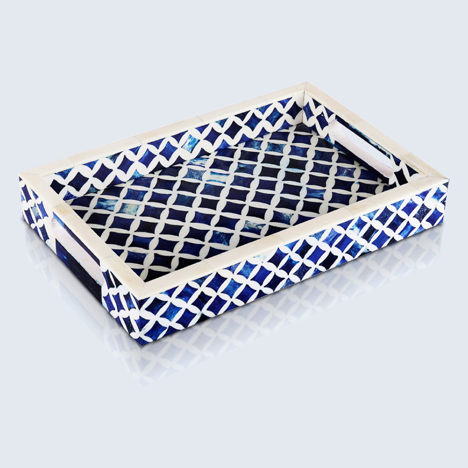 Decorative Tray Indigo Collection Bone & Resin Inlay, Blue & White, 12"x 8"