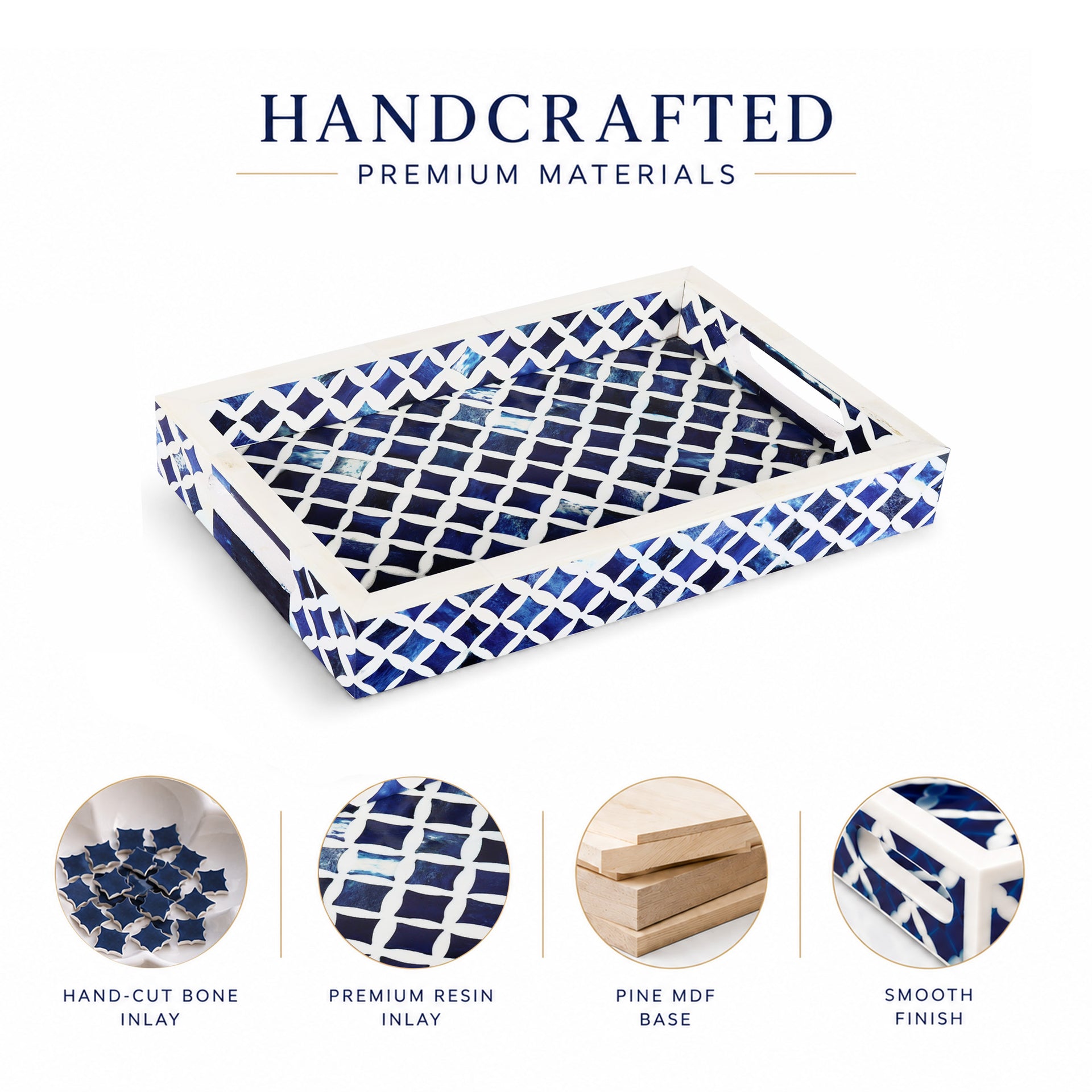 Decorative Tray Indigo Collection Bone & Resin Inlay, Blue & White, 12"x 8"