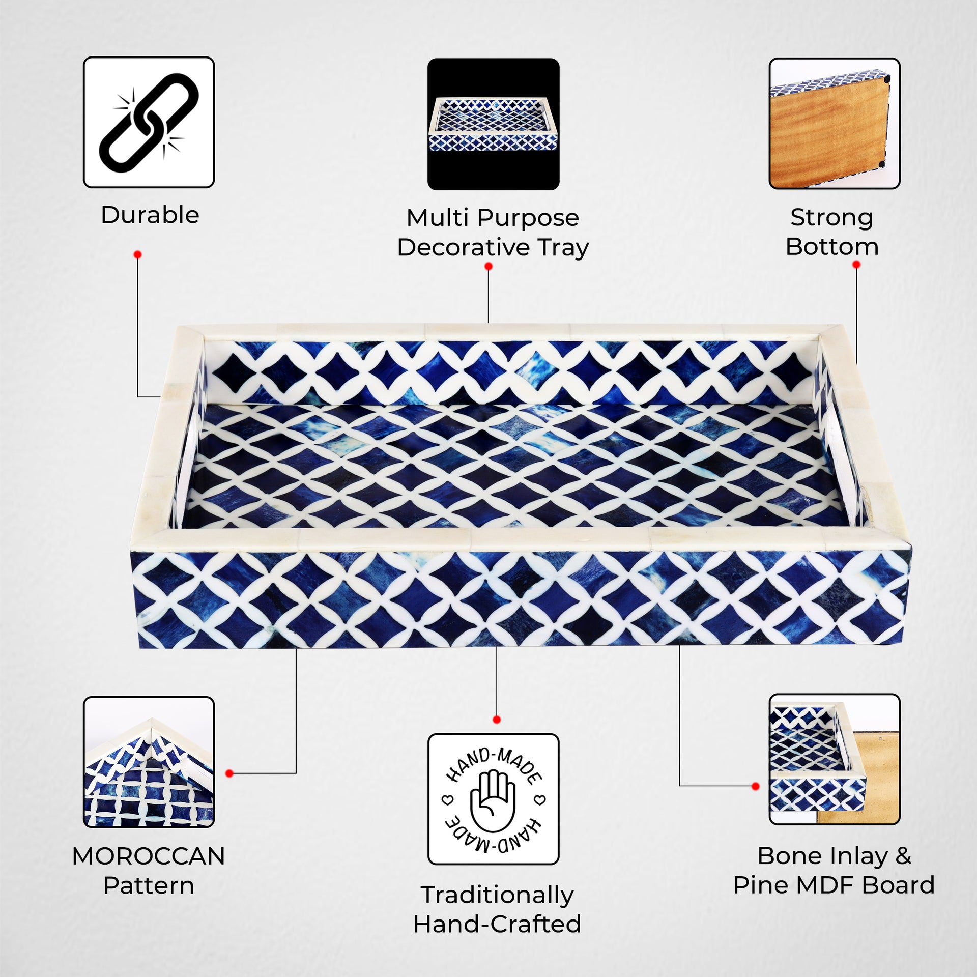 Decorative Tray Indigo Collection Bone & Resin Inlay, Blue & White, 12"x 8"