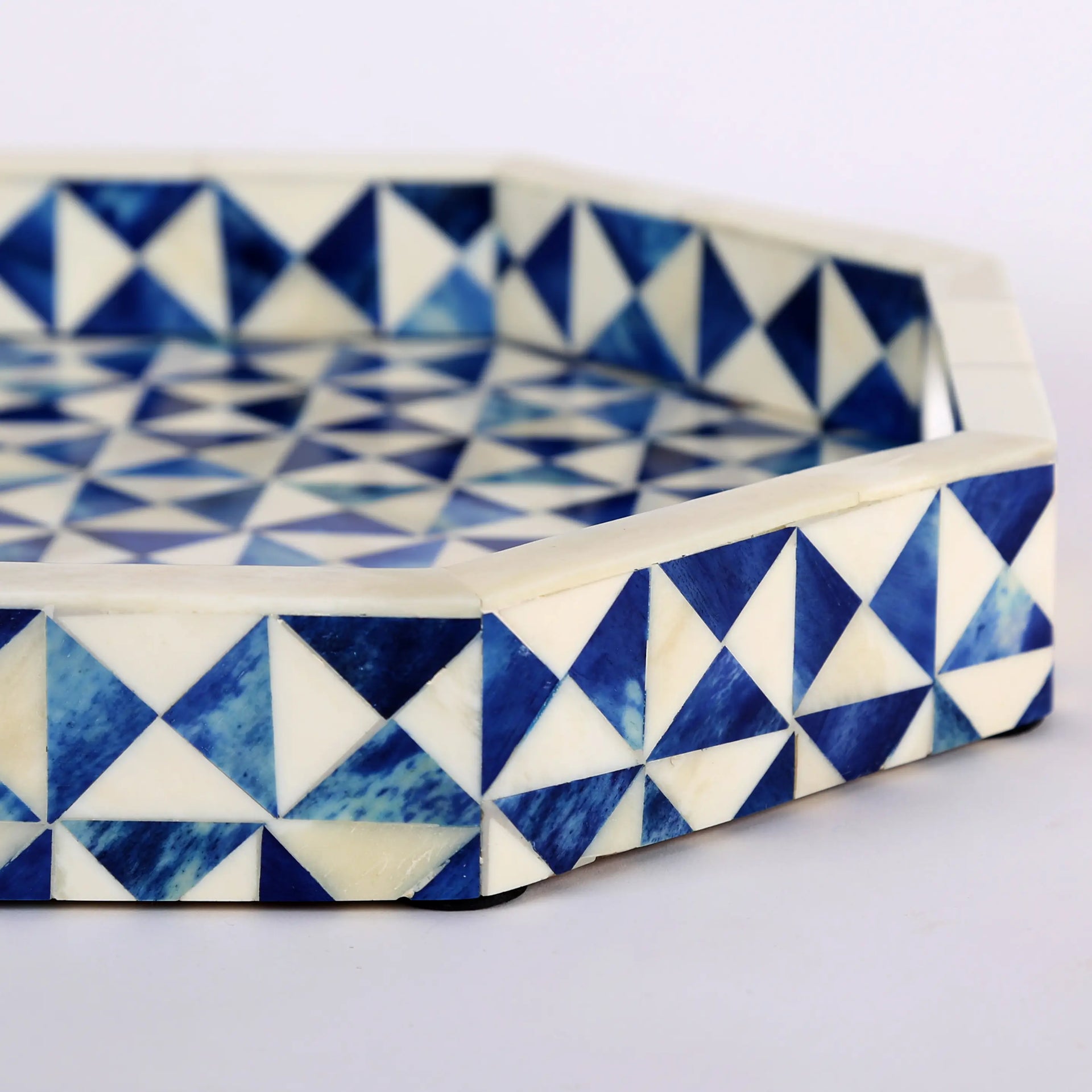 Decorative Tray Octagon Pattern Bone Inlay Collection in 12x12, Blue & White