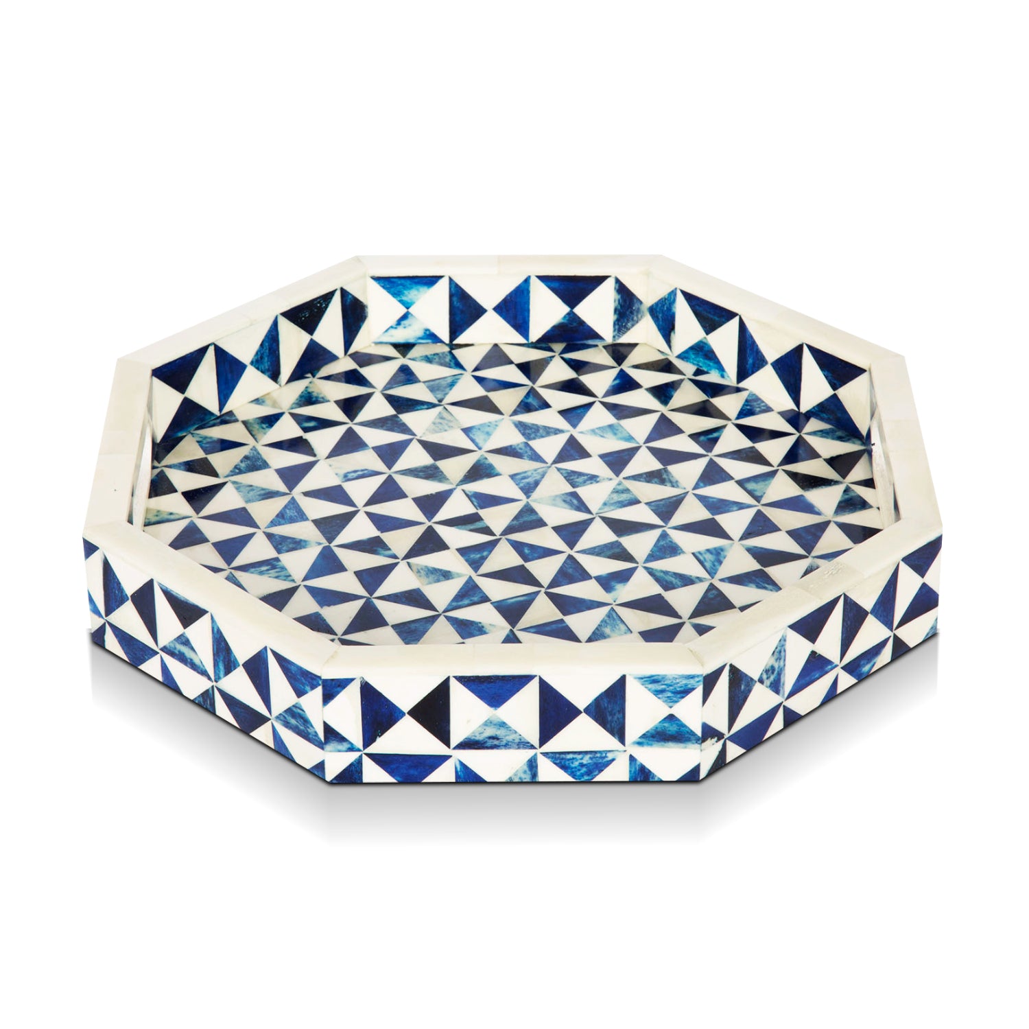 Decorative Tray Octagon Pattern Bone Inlay, White & Blue, 12" x 12"