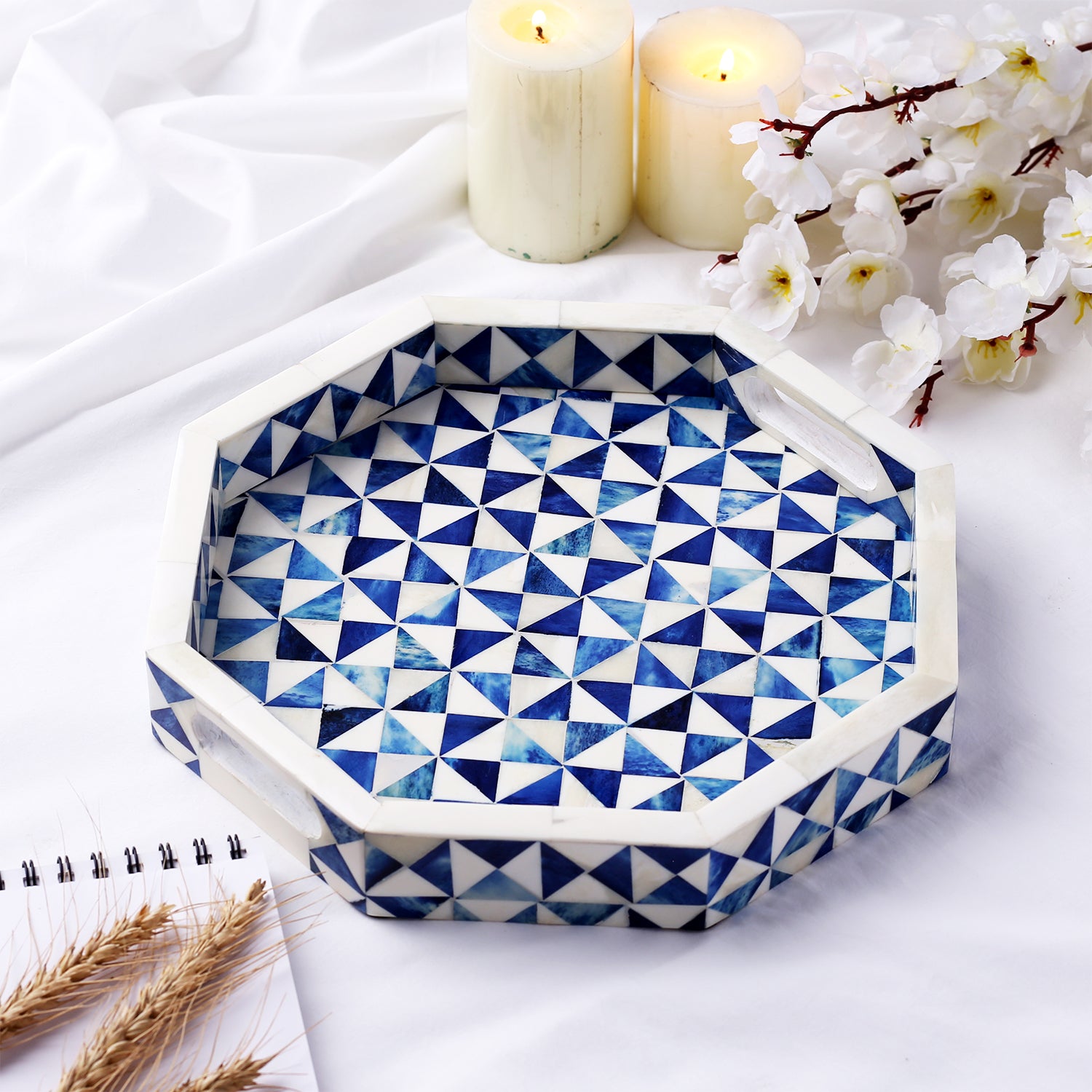 Decorative Tray Octagon Pattern Bone Inlay, White & Blue, 12" x 12"