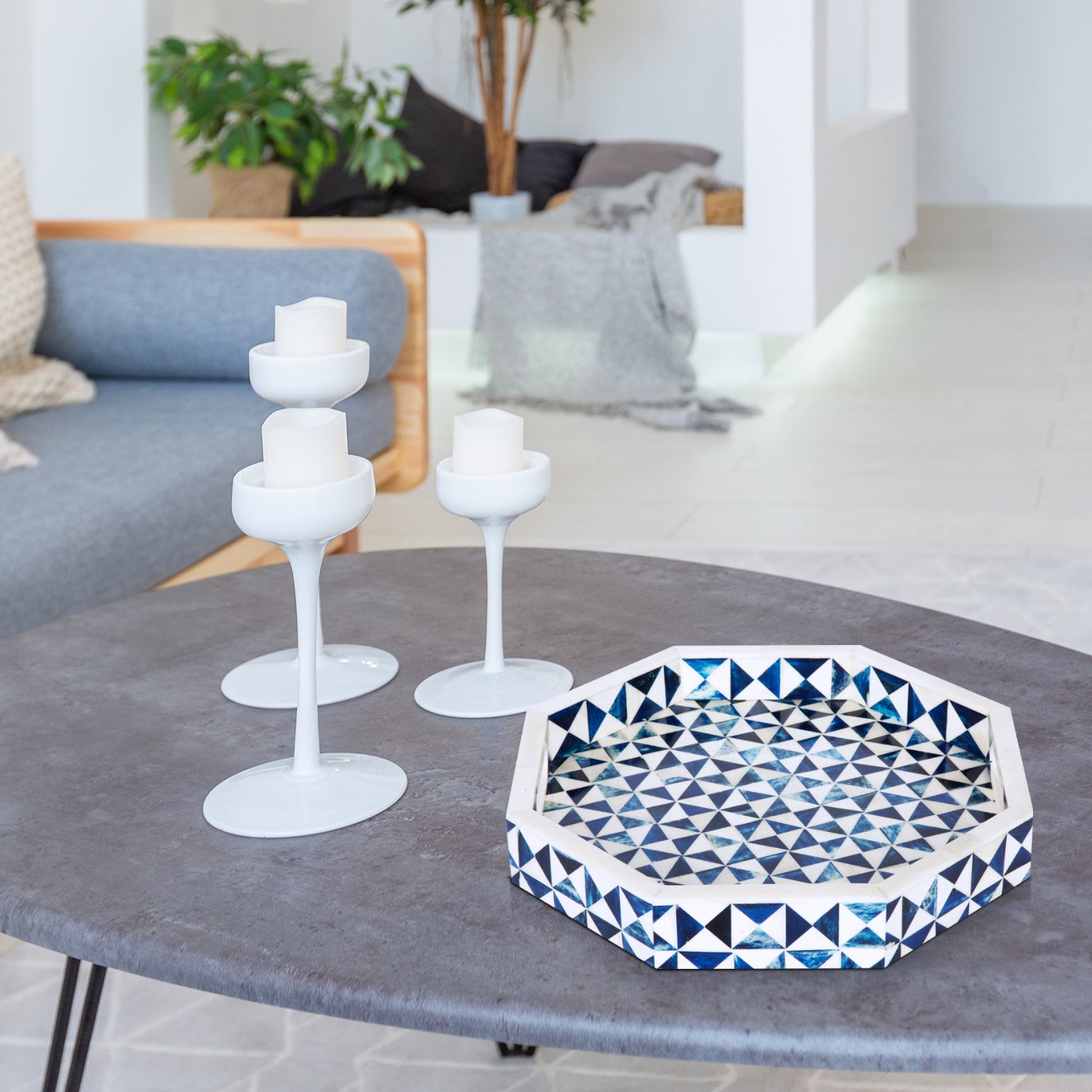 Decorative Tray Octagon Pattern Bone Inlay, White & Blue, 12" x 12"