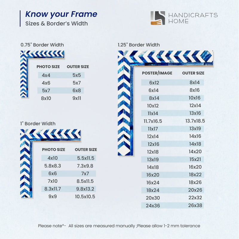 Size Chart for Picture Frames Taj Pattern Bone Inlay Collection in 27 Sizes, Blue