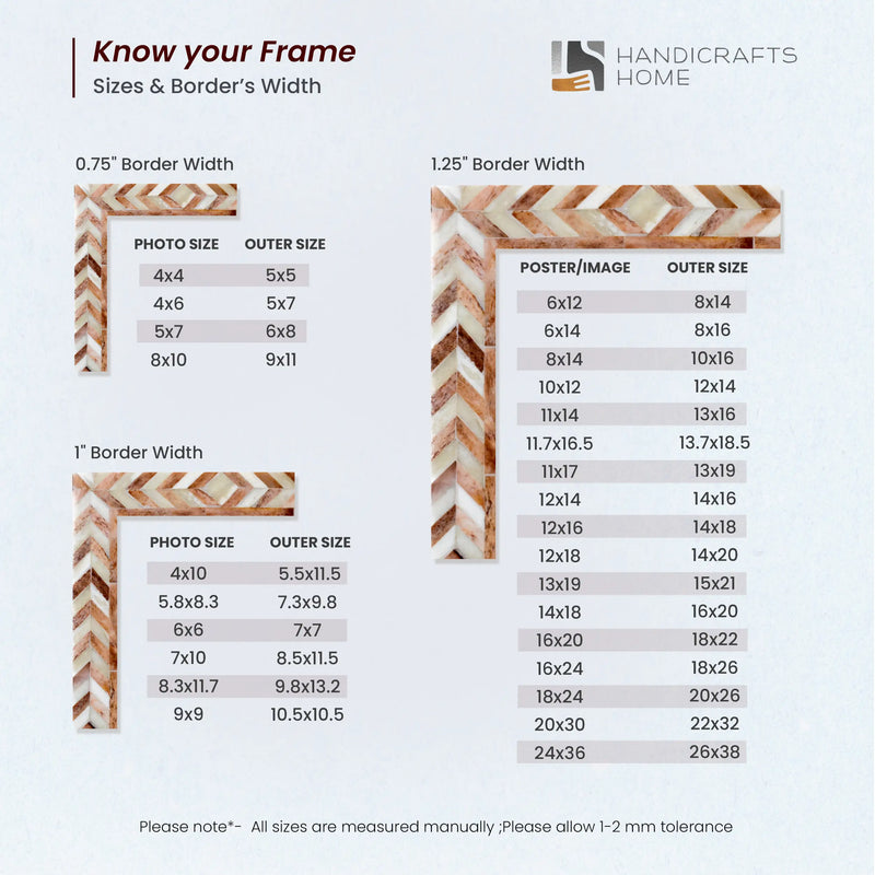 Size Chart for Picture Frames Taj Pattern Bone Inlay Collection in 27 Sizes, Brown