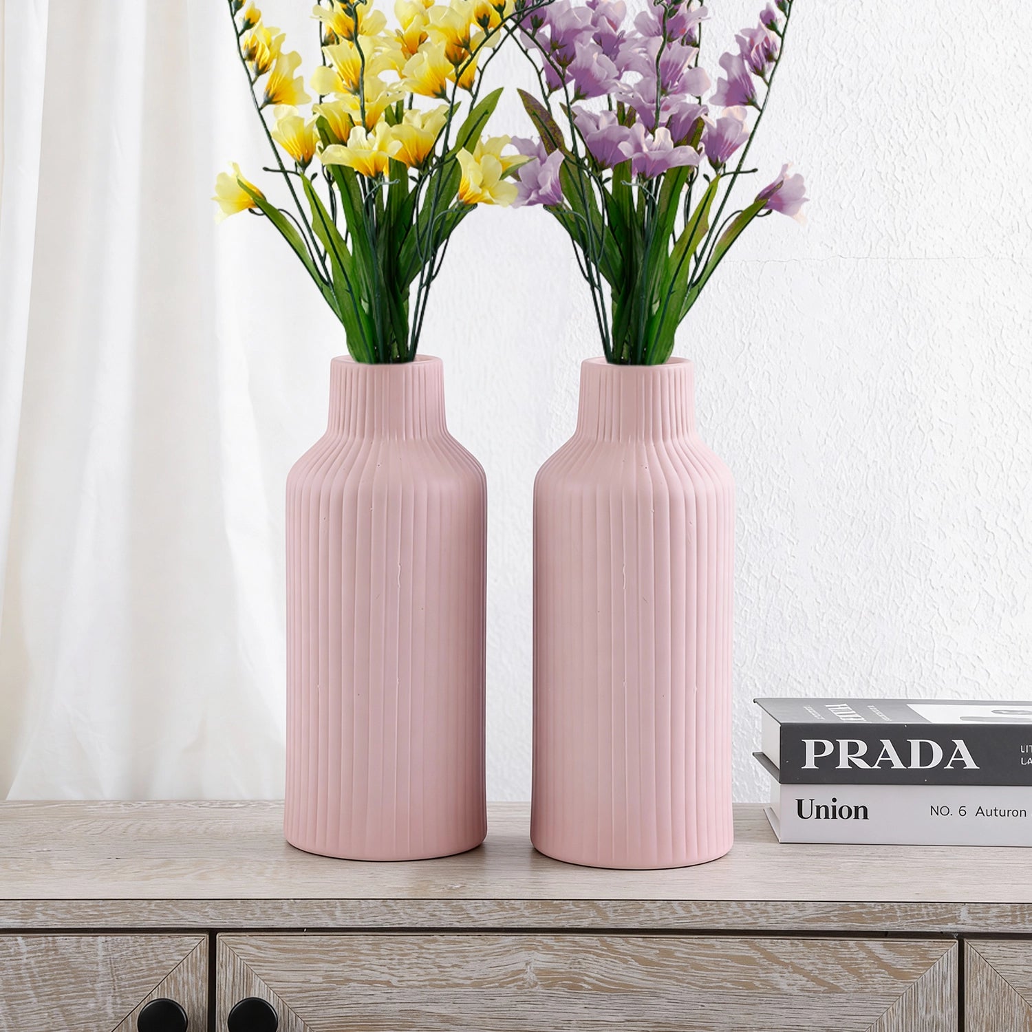 Ceramic Vase Stripped Handmade Pink Flower Vases  Set Of 2