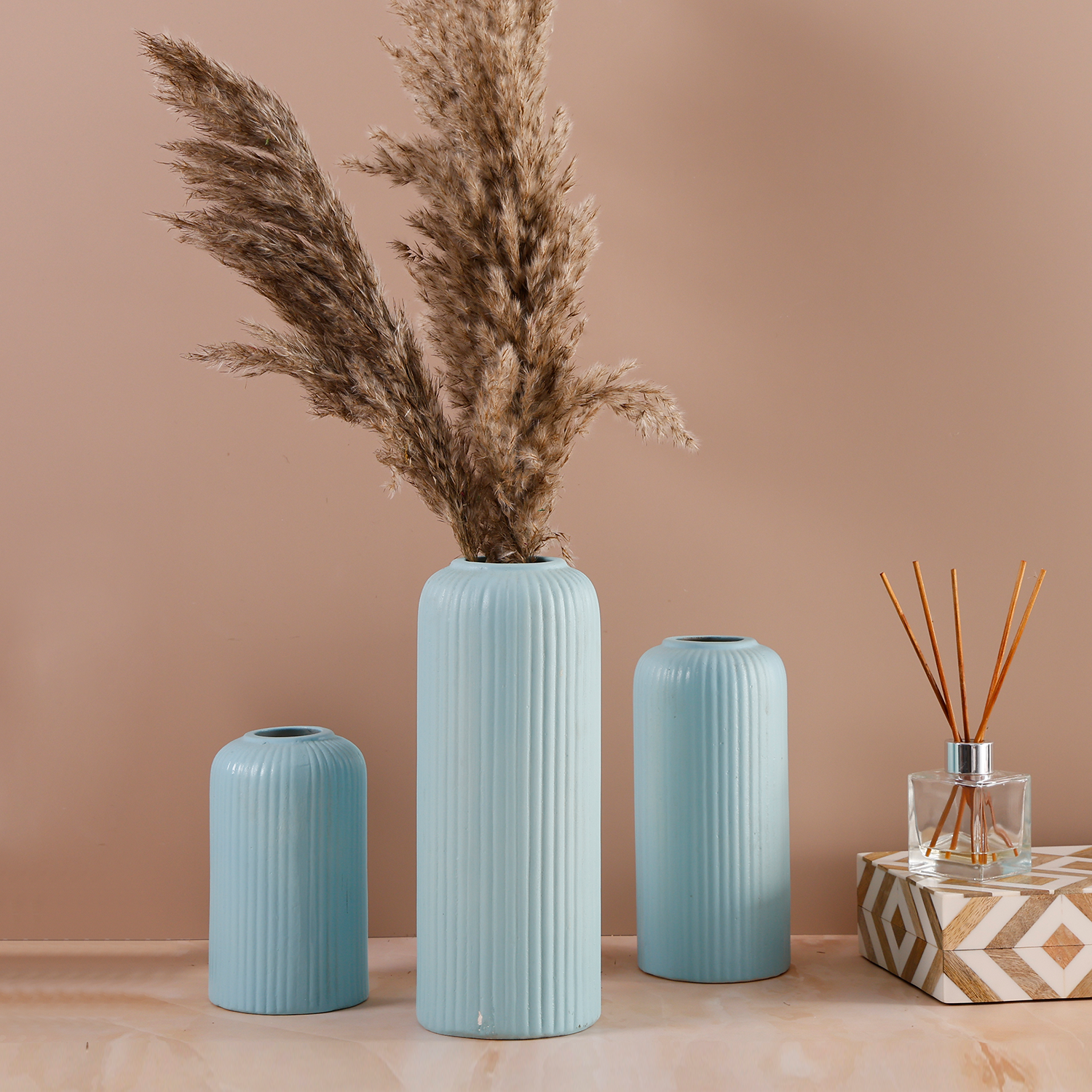 Ceramic Vase Set of 3 – Turquoise Stripped Pattern Decorative Flower Vases
