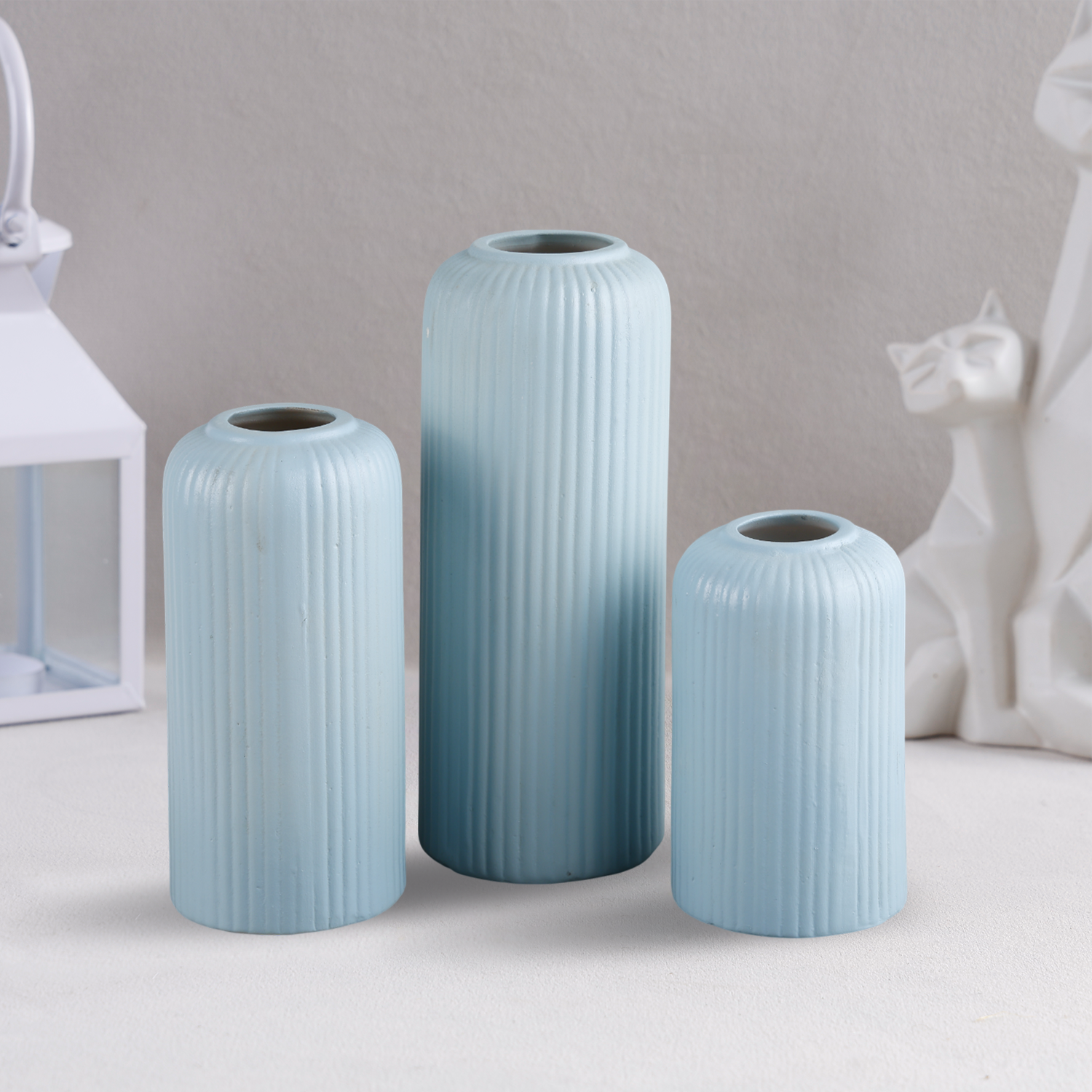 Ceramic Vase Set of 3 – Turquoise Stripped Pattern Decorative Flower Vases