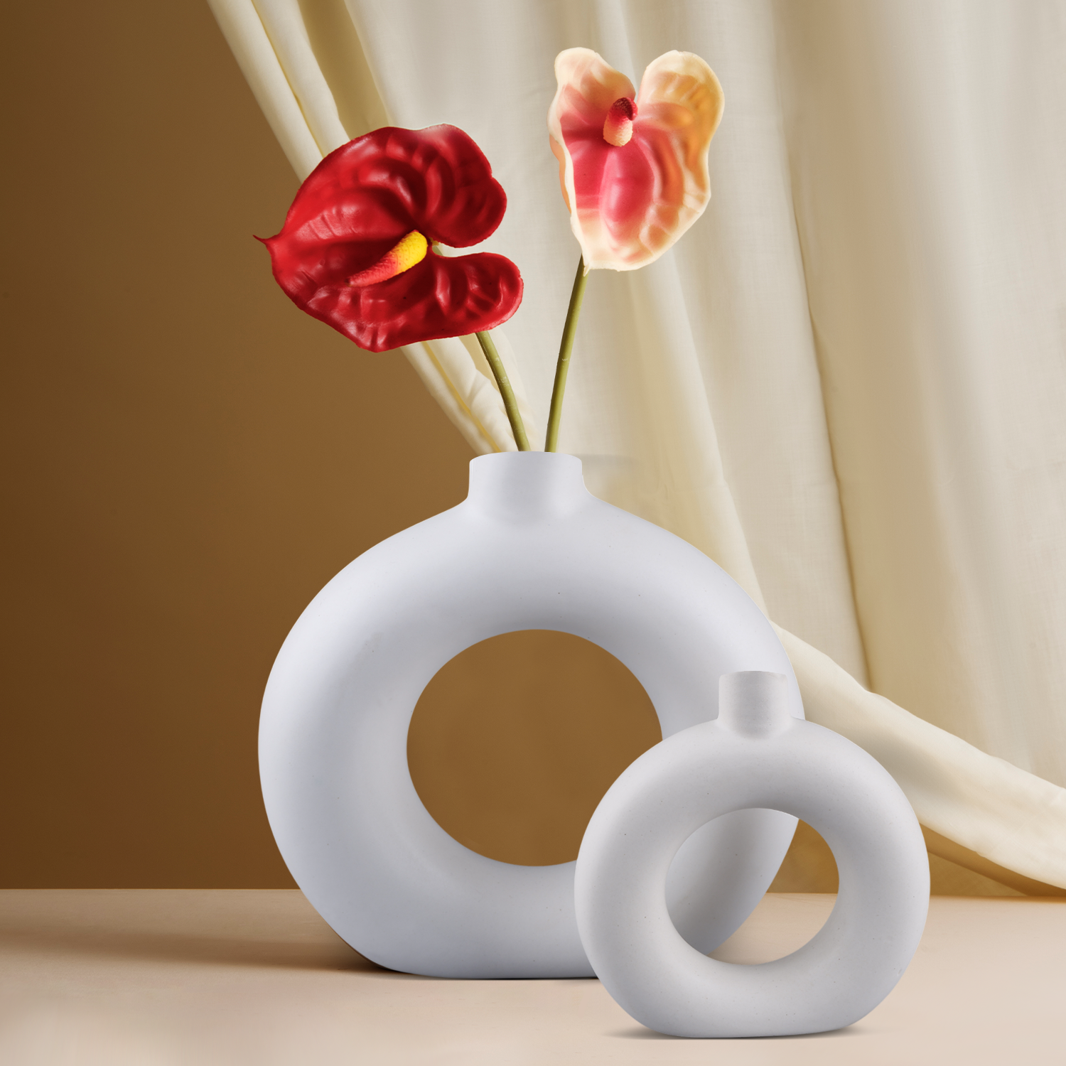 Ceramic Vase Set of 2 – White & Black Matte Decorative Vases for Flowers