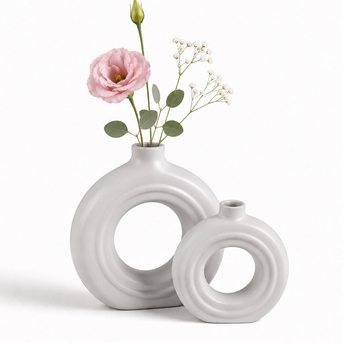 White Ceramic Vase Set of 2, Sculptural Ring Vases Decor